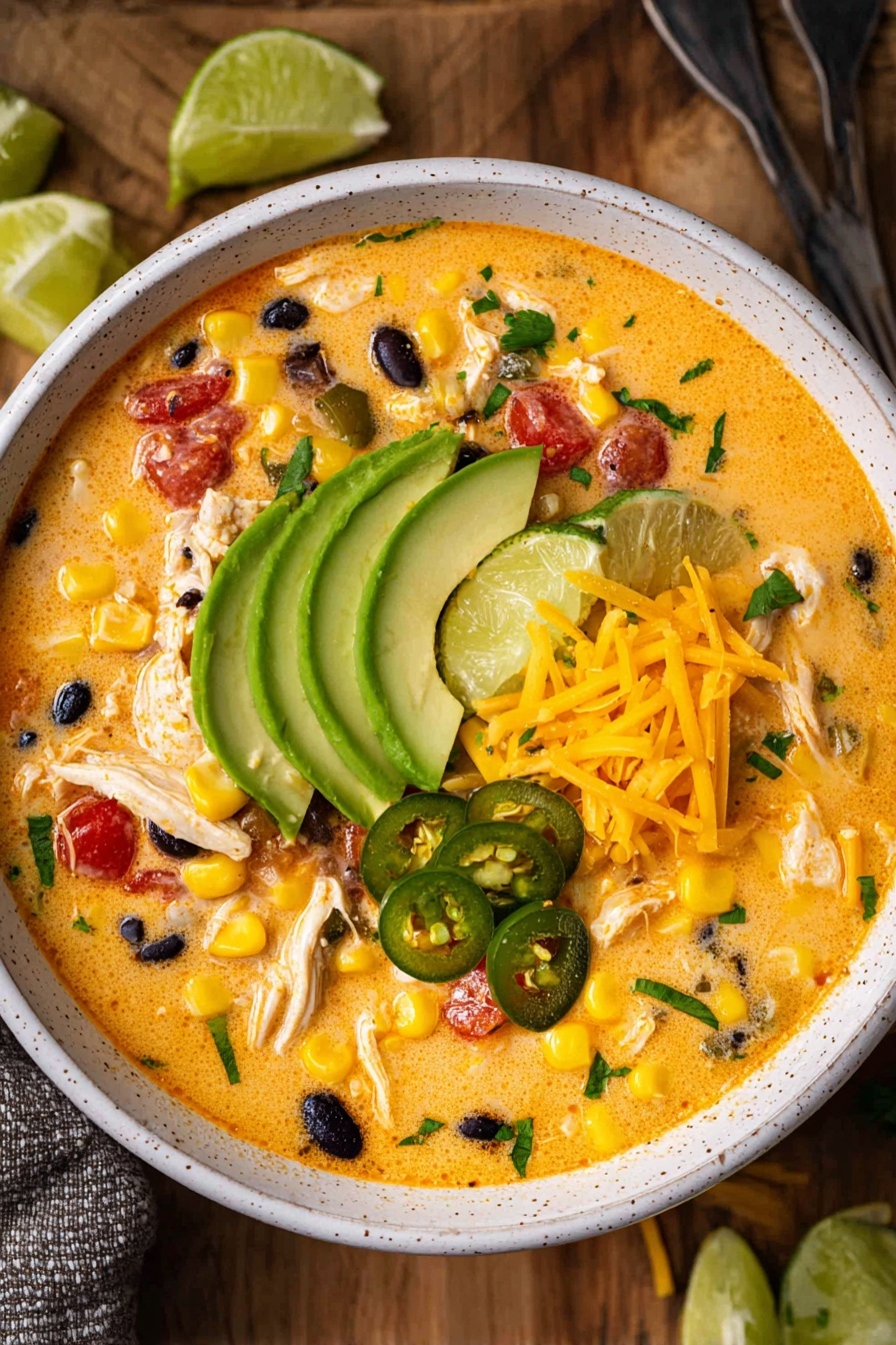 A bowl filled with a creamy orange soup that has pieces of white shredded chicken, bright yellow corn, black beans, and small red tomato chunks mixed throughout. On top, there are several slices of green avocado arranged in the center, with three lime wedges beside them. A small pile of shredded orange cheddar cheese sits near the avocado, and some sliced green pickled jalapenos add color around the edges. The bowl is white with speckles and sits on a wooden surface, with extra lime wedges scattered nearby. The photo taken with an iphone --ar 2:3 --v 7
