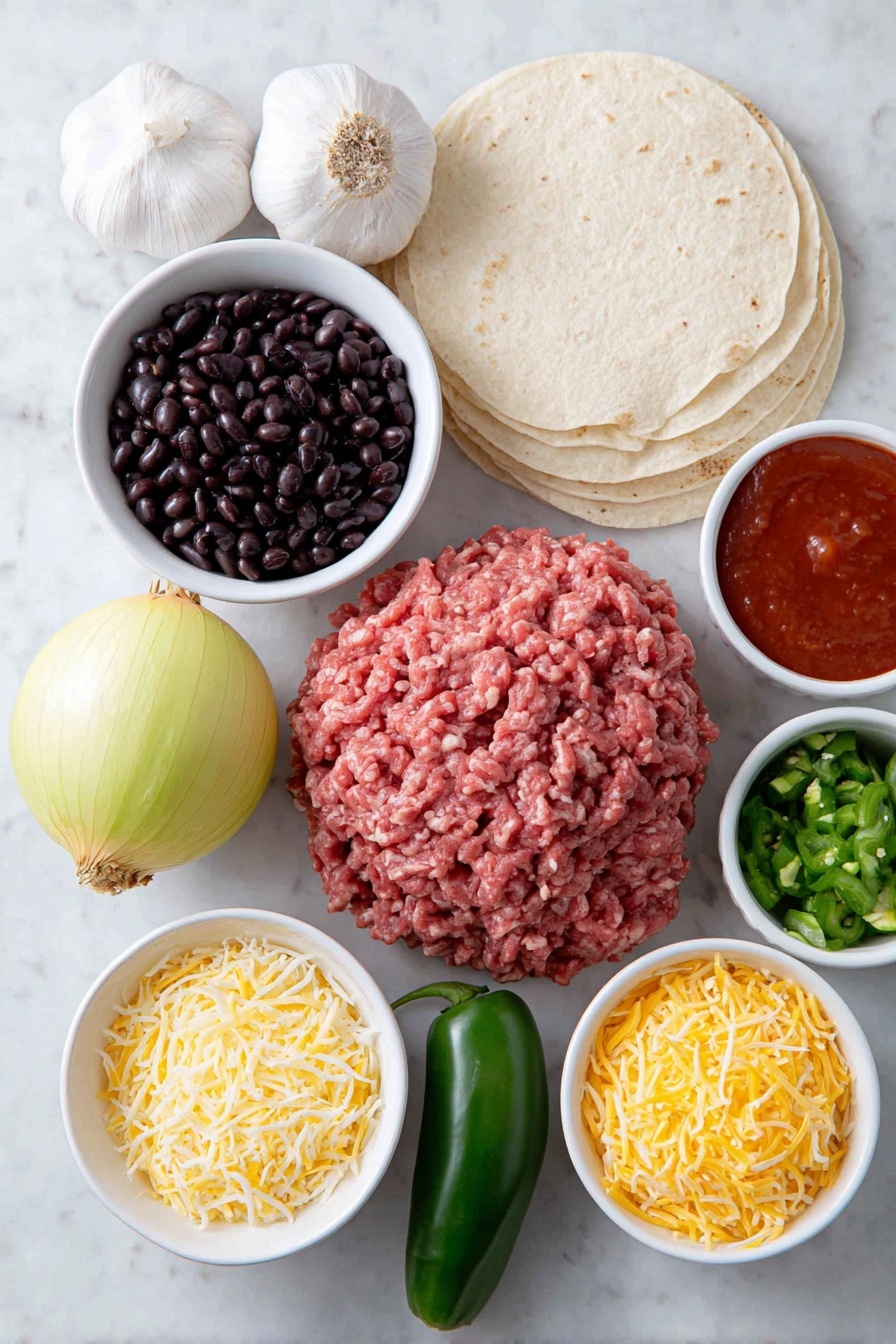 Flat lay of fresh ground beef formed into a loose mound, a whole yellow onion with papery skin beside it, two whole garlic bulbs with white cloves attached, a small white ceramic bowl of deep red enchilada sauce, a small white bowl filled with shiny black beans, a small white bowl of diced green chiles, a neat stack of soft flour tortillas, a small white bowl with shredded bright orange cheddar cheese, a small white bowl with shredded pale Monterey Jack cheese, a ripe avocado half with vibrant green diced flesh, a small white bowl of freshly squeezed lemon juice, a small white bowl of bright red diced tomatoes, a small pile of fresh green cilantro sprigs, and a fresh green jalapeno pepper sliced lengthwise showing seeds inside, all arranged symmetrically on a clean white marble surface, soft natural light, photo taken with an iPhone, professional food photography style, fresh ingredients, white ceramic bowls, no bottles, no duplicates, no utensils, no packaging --ar 2:3 --v 7 --p m7354615311229779997