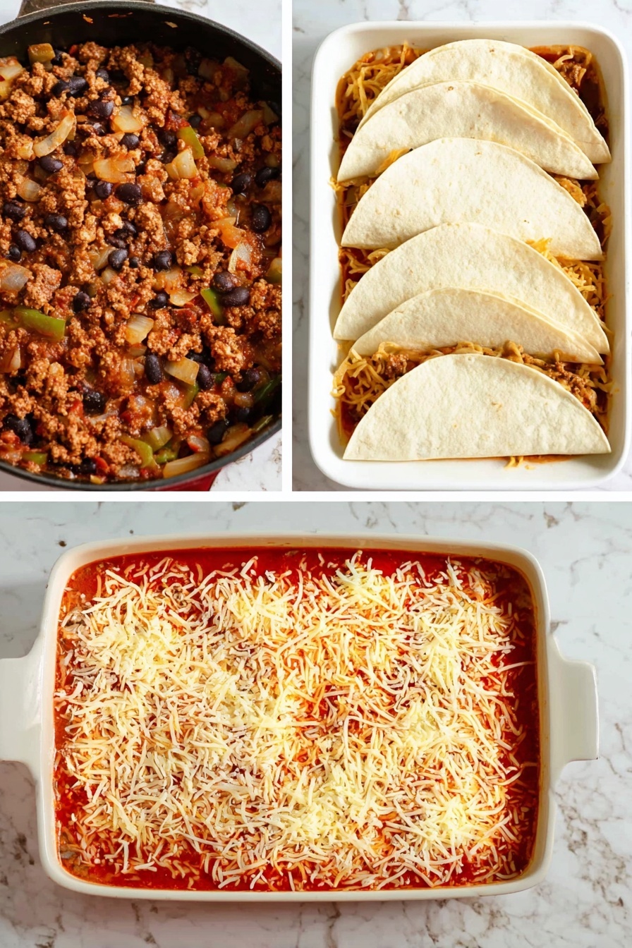 A white plate holds a two-layer slice of lasagna with a golden, melted cheese top mixed with black beans and bits of herbs. On top are fresh bright red diced tomatoes scattered evenly, adding a pop of color. The lasagna layers show rich, orange-red sauce with browned ground meat and black beans. Around the lasagna on the plate are three slices of light green lime wedges, some dark brown sliced olives, and a few pale yellow pickled jalapeño slices. The plate rests on a wooden board with small chopped green herbs sprinkled around it and a blurred background of whole red tomatoes and a white cloth with red stripes. A fork and knife are placed behind the lasagna on the plate. The photo taken with an iphone --ar 2:3 --v 7