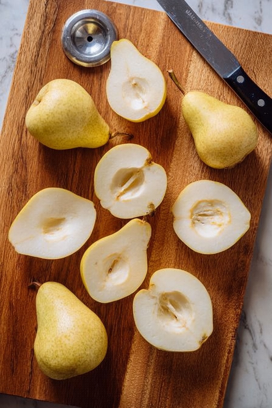 Two halves of a pear are placed on a white plate with a white marbled texture underneath. Each pear half shows a yellowish peel with brown speckles and a shiny, juicy inside. At the center of each pear half is a layer of creamy blue cheese with a crumbly texture in white and blue colors. On top of the cheese, a small pile of light brown walnut pieces adds a rough texture and warmth in color. The pears are drizzled with a thin layer of honey or syrup that glistens in the light. Around the pears, a few rosemary sprigs with deep green needle-like leaves add contrast and freshness. The scene looks close up and detailed, showing the texture of each ingredient clearly. Photo taken with an iphone --ar 2:3 --v 7