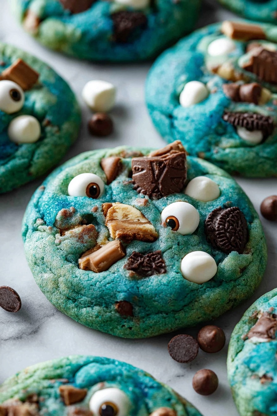 The image shows two thick cookies stacked on a white marbled surface. The cookies have a bright turquoise dough with chunks of white and dark chocolate chips peeking through. The top cookie is broken in half, revealing a rich, melted brown chocolate center that looks soft and creamy. There are small pieces of cookie scattered around, enhancing the texture and detail. The turquoise dough has a slightly rough surface with bits of chocolate and white chips spread unevenly throughout the cookies. In the foreground, there is a blurred out cookie with similar colors, adding depth to the image. photo taken with an iphone --ar 2:3 --v 7