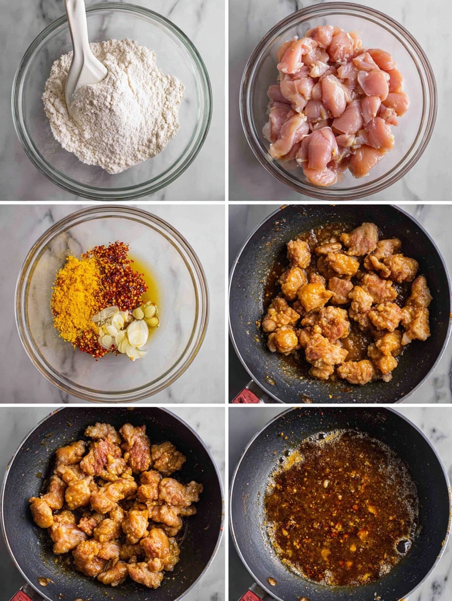 A black bowl filled with a bottom layer of white, fluffy steamed rice, topped with a thick layer of golden-brown crispy chicken pieces covered in a shiny, sticky orange-red sauce. The chicken is sprinkled with small white sesame seeds and fresh green chopped scallions scattered on top. A pair of wooden chopsticks lie in the background, resting on a white marbled surface. Another white bowl filled with more chicken pieces is partly visible in the top right corner. Photo taken with an iphone --ar 2:3 --v 7