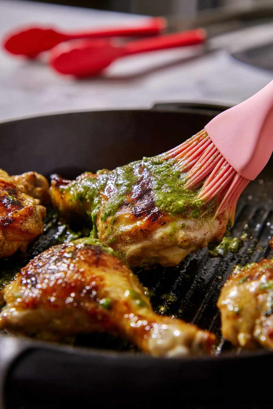 The image shows a close-up of three pieces of grilled chicken legs in a black cast-iron grill pan. The piece in the front is being brushed with a green sauce using a light pink silicone brush held by a woman's hand from the right side. The chicken has a golden brown crispy skin with some darker char marks and patches of green sauce on top. The background features a white marbled surface and some red silicone-tipped tongs lying flat out of focus. The scene has warm lighting highlighting the texture and glossiness of the chicken and sauce. photo taken with an iphone --ar 2:3 --v 7