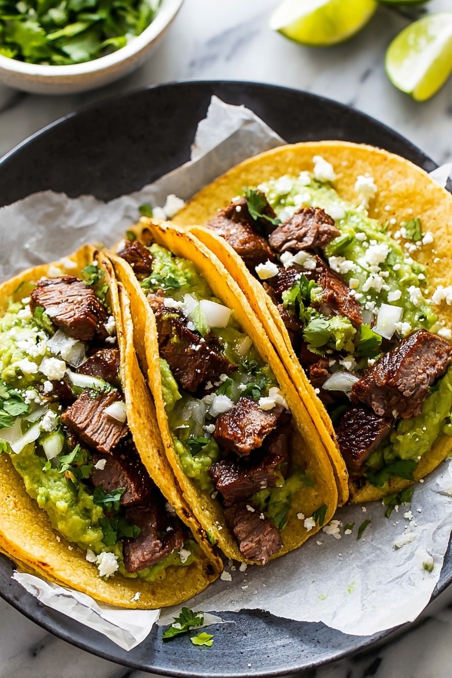 Three soft yellow corn tortillas are filled with layers of green guacamole at the base, topped with chunks of grilled dark brown steak with a slightly pink center. The steak is sprinkled with small pieces of white onion and chopped green cilantro, along with small crumbles of white cheese. The tacos rest on a white paper lining inside a dark plate, placed on a white marbled surface. In the background, a white bowl with green cilantro leaves and a piece of lime add to the setting. Photo taken with an iphone --ar 2:3 --v 7