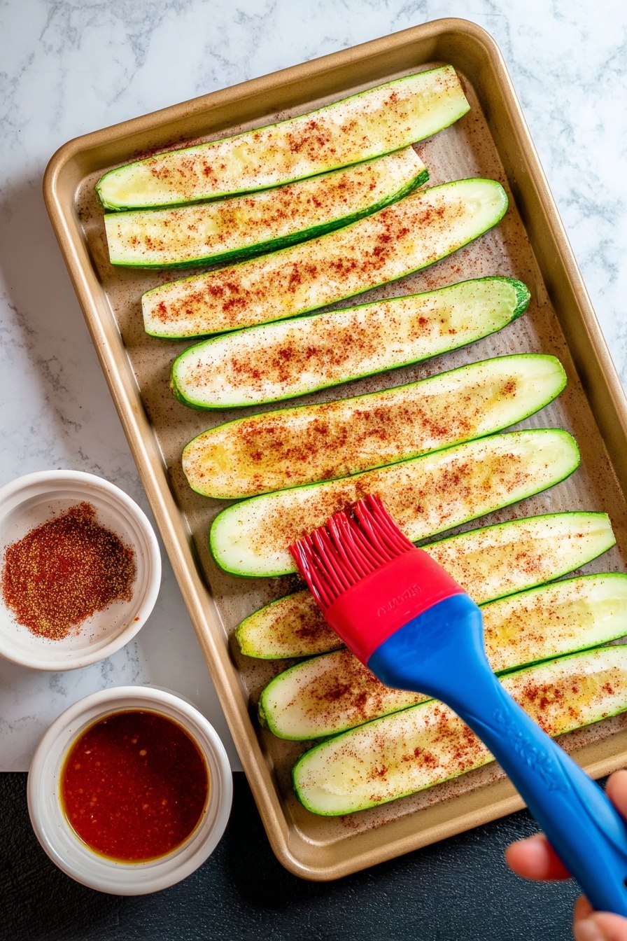 The image shows a baking tray filled with seven long, thin slices of zucchini placed side by side, covering the tray evenly. Each zucchini slice has a light green edge with a pale, creamy inside sprinkled with a reddish-brown spice mix across the surface. A red silicone brush with a blue handle rests on the fourth zucchini slice, with a woman's hand holding the brush brushing oil or sauce over the zucchini. Next to the tray, two small white bowls sit on a white marbled surface; one bowl holds a red oil or sauce, and the other holds a reddish-brown spice mix. The photo taken with an iphone --ar 2:3 --v 7