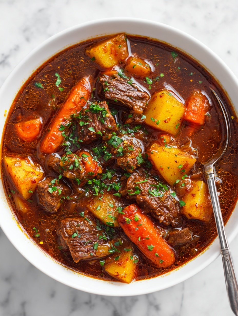 A white bowl is filled with thick brown stew that has visible textures of tender meat and soft vegetables. Large pieces of orange carrot are spread throughout, alongside chunks of yellowish potatoes. The stew is rich and glossy with a slightly oily surface, sprinkled with small chopped green herbs for garnish. A silver spoon is resting inside the bowl on the right side. The bowl sits on a white marbled surface. photo taken with an iphone --ar 2:3 --v 7