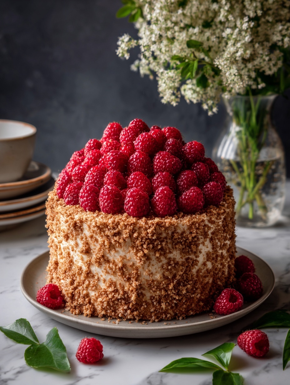 A tall round cake covered on the outside with a rough light brown crumb layer, topped with a large pile of bright red raspberries that fill the center and spill slightly over the top edge. The cake sits on a gray round plate placed on a wooden surface with scattered raspberries and green leaves around it. In the background to the right, there is a glass vase with delicate white flowers and green leaves, set against a dark backdrop. Photo taken with an iphone --ar 2:3 --v 7