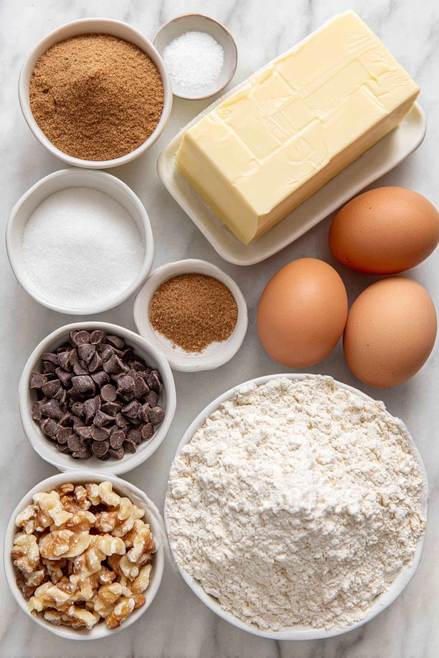 Flat lay of a small mound of all-purpose flour, a small white bowl of ground cinnamon, a small white bowl of salt, a small white bowl of baking soda, a slab of unsalted butter softened with a creamy texture, a small white bowl filled with packed brown sugar, two whole brown eggs with clean uncracked shells, a small white bowl of clear vanilla extract, a small white bowl piled with quick cooking oats, and a small white bowl containing mixed chocolate chips and chopped nuts, all arranged with perfect symmetry in a balanced layout, placed on a clean white marble surface, soft natural light, photo taken with an iPhone, professional food photography style, fresh ingredients, white ceramic bowls, no bottles, no duplicates, no utensils, no packaging --ar 2:3 --v 7 --p m7354615311229779997