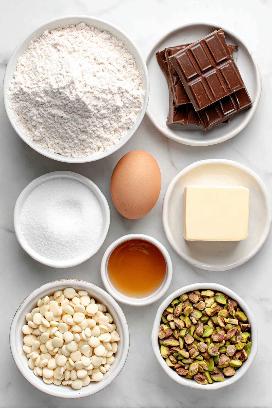 Flat lay of a small mound of all-purpose flour in a simple white ceramic bowl, a small white bowl with baking soda, a small white bowl with coarse salt, a square of unsalted butter at room temperature, a small white bowl of granulated sugar, a small white bowl of packed light brown sugar, a single large whole egg with a clean shell, a small white bowl of clear vanilla extract, a small white bowl filled with glossy white chocolate chips, a small white bowl overflowing with chopped toasted pistachios, all arranged symmetrically with balanced spacing, placed on a clean white marble surface, soft natural light, photo taken with an iPhone, professional food photography style, fresh ingredients, white ceramic bowls, no bottles, no duplicates, no utensils, no packaging --ar 2:3 --v 7 --p m7354615311229779997