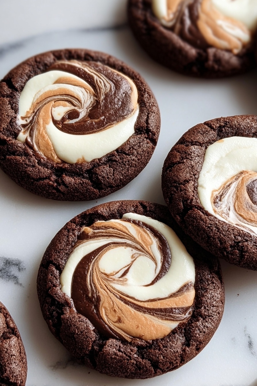 The image shows four round chocolate cookies placed on a white marbled surface. Each cookie has a thick base layer of dark brown chocolate dough with a cracked texture. On top of this base, there is a swirled layer of smooth white and dark brown cream mixed together in a circular pattern, giving a marbled look with soft and glossy textures. The swirl pattern is centered and covers most of the cookie's top. The cookies are arranged close to each other with soft focus on the background. photo taken with an iphone --ar 2:3 --v 7