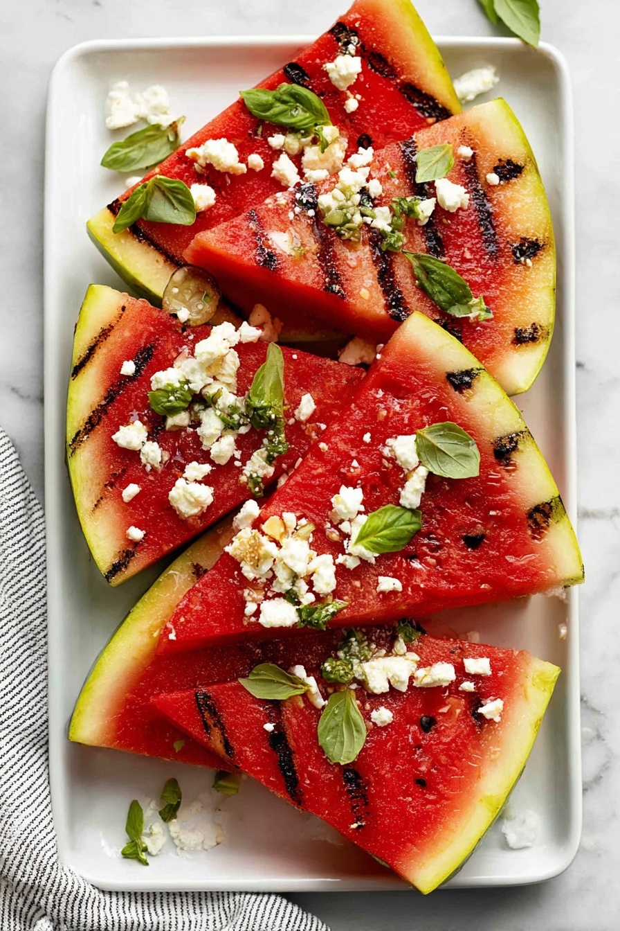 The image shows six triangular slices of grilled watermelon arranged on a white rectangular tray, placed over a white marbled surface with a striped cloth nearby. Each slice has visible dark grill marks on the red flesh, which is bordered by a yellowish-green rind. Scattered on top of the watermelon are small white cheese crumbles and fresh green basil leaves, adding color contrast and texture to the dish. The tray is filled but not overcrowded, making each piece distinct and visually appealing. photo taken with an iphone --ar 2:3 --v 7