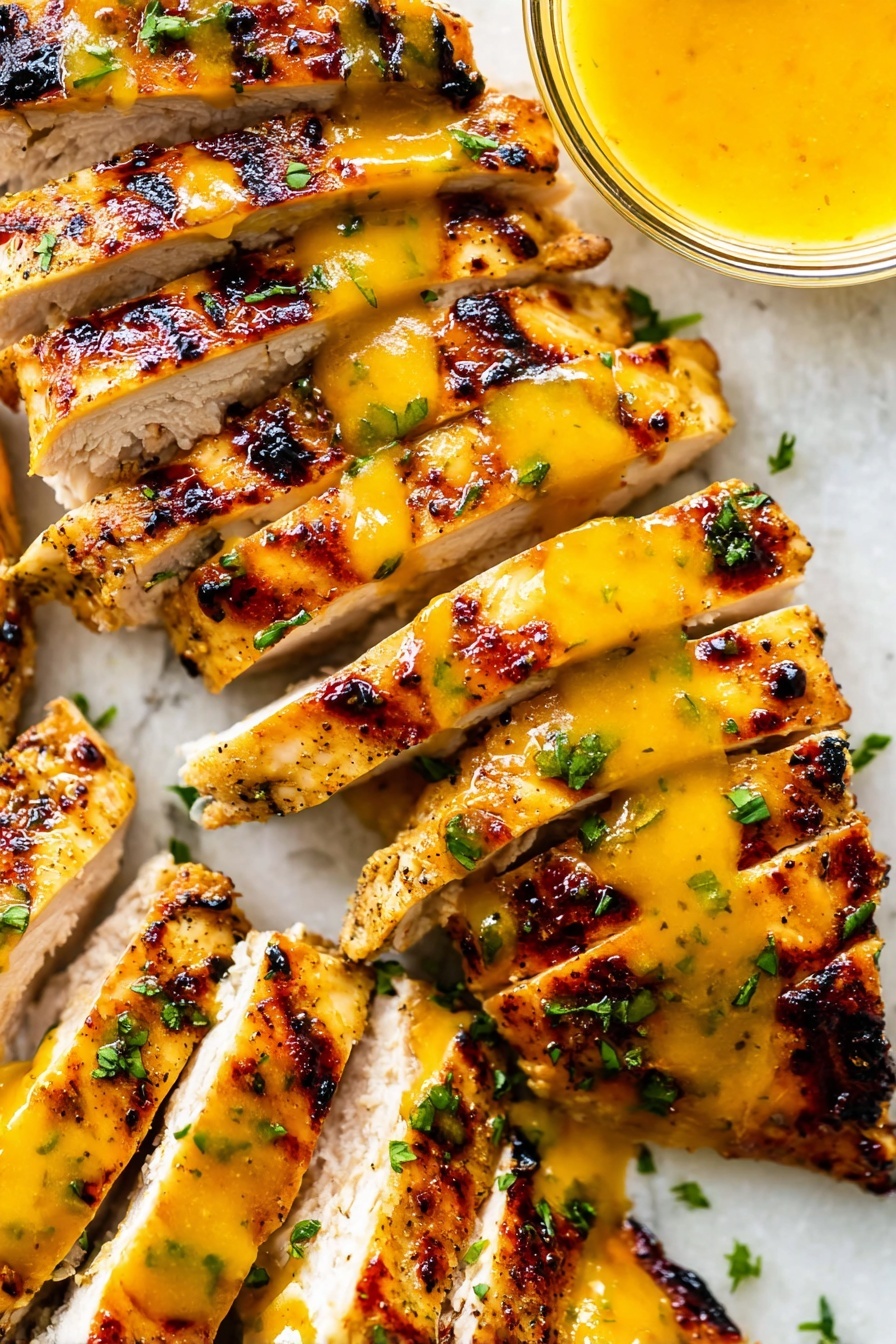 The dish shows four grilled, orange-brown chicken pieces with a shiny, glazed texture, sprinkled with small green herb bits on top. The chicken is arranged closely on a white plate, resting on a bed of mixed salad leaves that include chopped green lettuce, shredded carrots, and bits of purple cabbage, adding splashes of green, orange, and purple colors around the chicken. To the side of the plate is a small clear glass bowl filled with a yellow-orange sauce that looks smooth and slightly thick. The plate sits on a white marbled surface. Photo taken with an iphone --ar 2:3 --v 7