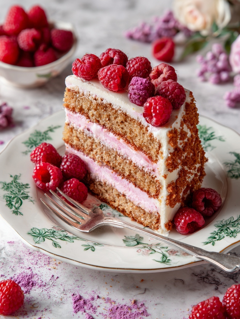 A slice of three-layer cake sits on a white plate with green floral patterns. Each cake layer is light brown with a coarse texture, separated by thick pink cream filling. The cake edges are covered with a crumb coating of similar light brown color. Fresh red raspberries are clustered on top of the slice and around the plate. A silver fork rests diagonally on the plate next to the cake. The scene is on a dark wooden surface with scattered raspberries and purple powder. Photo taken with an iphone --ar 2:3 --v 7