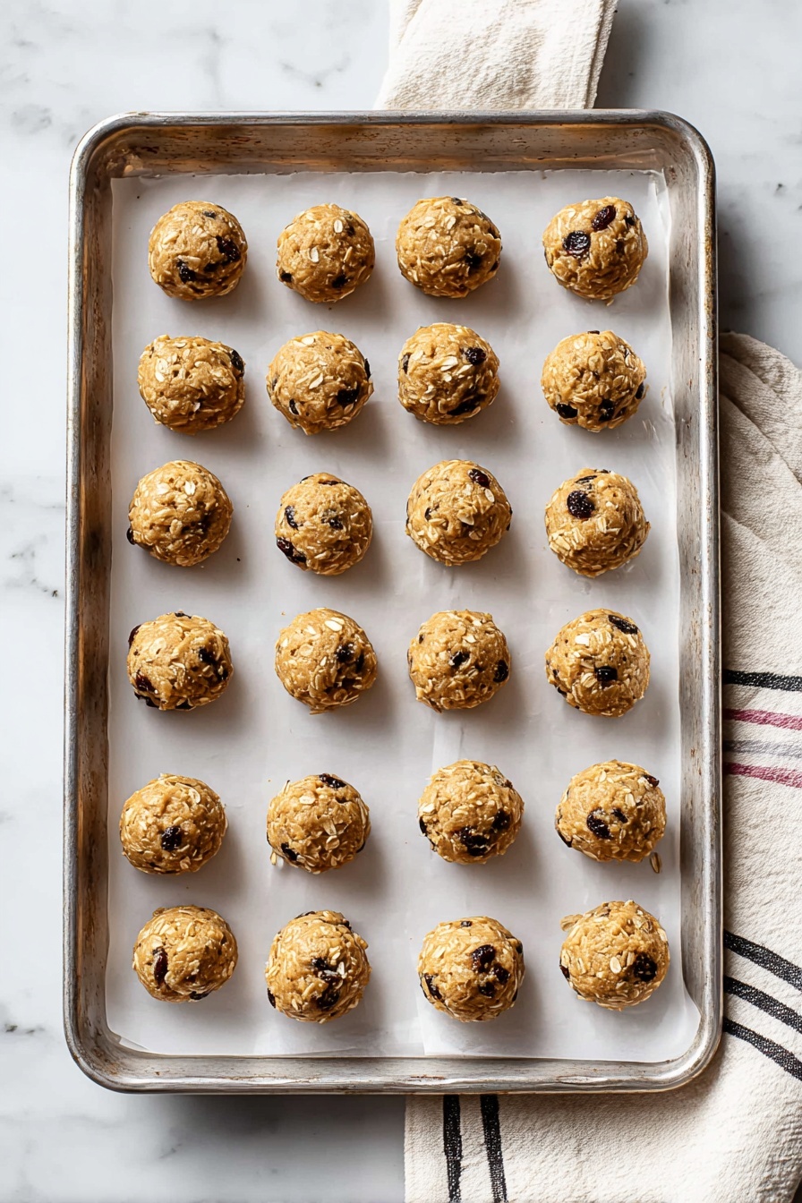 A rectangular metal baking tray lined with white parchment paper holds twenty round cookie dough balls arranged in a neat 4 by 5 grid. Each dough ball is light golden brown with dark raisins and bits of oats visible throughout, giving them a slightly rough texture. The tray is placed on a white marbled surface with a cream cloth featuring thin black and pink stripes partially visible in the lower right corner. Photo taken with an iphone --ar 2:3 --v 7