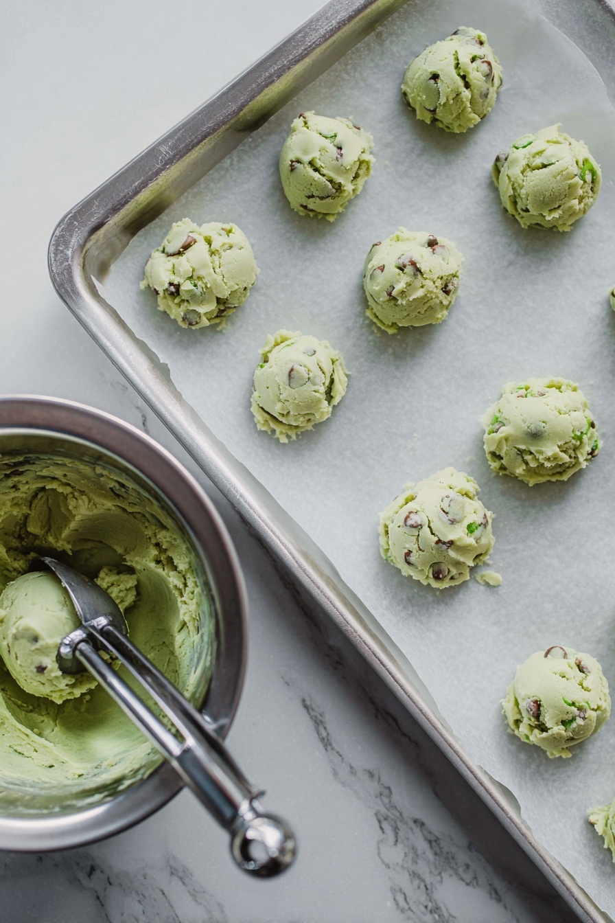The image shows a baking tray lined with parchment paper on a white marbled surface, holding several small, round scoops of light green cookie dough with white chips and small darker bits inside. A stainless steel bowl filled with the same green dough and a metal cookie scoop resting inside the bowl are positioned on the left side of the frame. The dough scoops are evenly spaced in two rows on the tray, each with a soft, slightly rough texture. Photo taken with an iphone --ar 2:3 --v 7