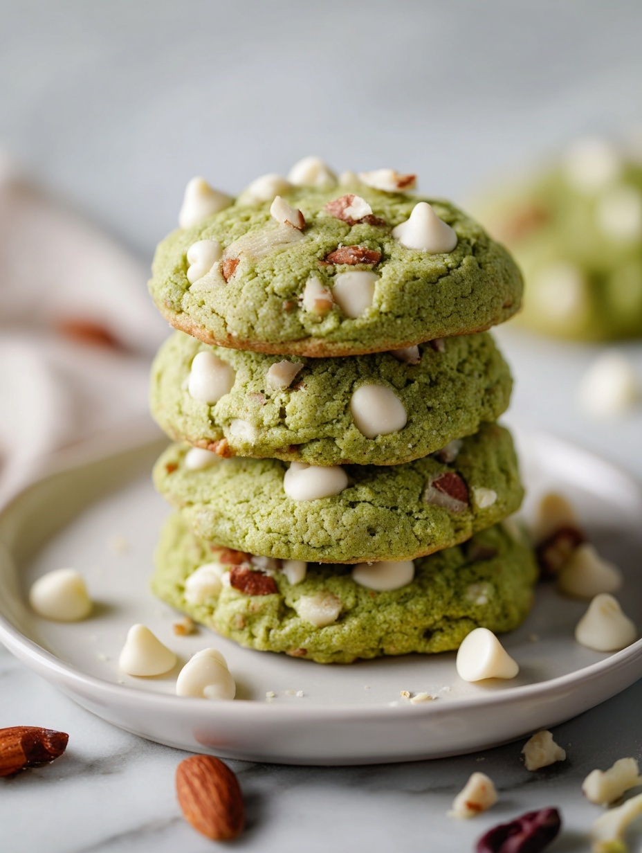 Three round cookies with a light green color and white chocolate chips scattered throughout lay close to each other on a white marbled surface. The cookies have a soft texture with small cracks on the top. Around the cookies, there are some whole pistachio nuts with a brown and green shell and a few white chocolate chips scattered loosely. The background focuses closely on the cookies, showing their rough, uneven surface and small nut pieces inside. photo taken with an iphone --ar 2:3 --v 7