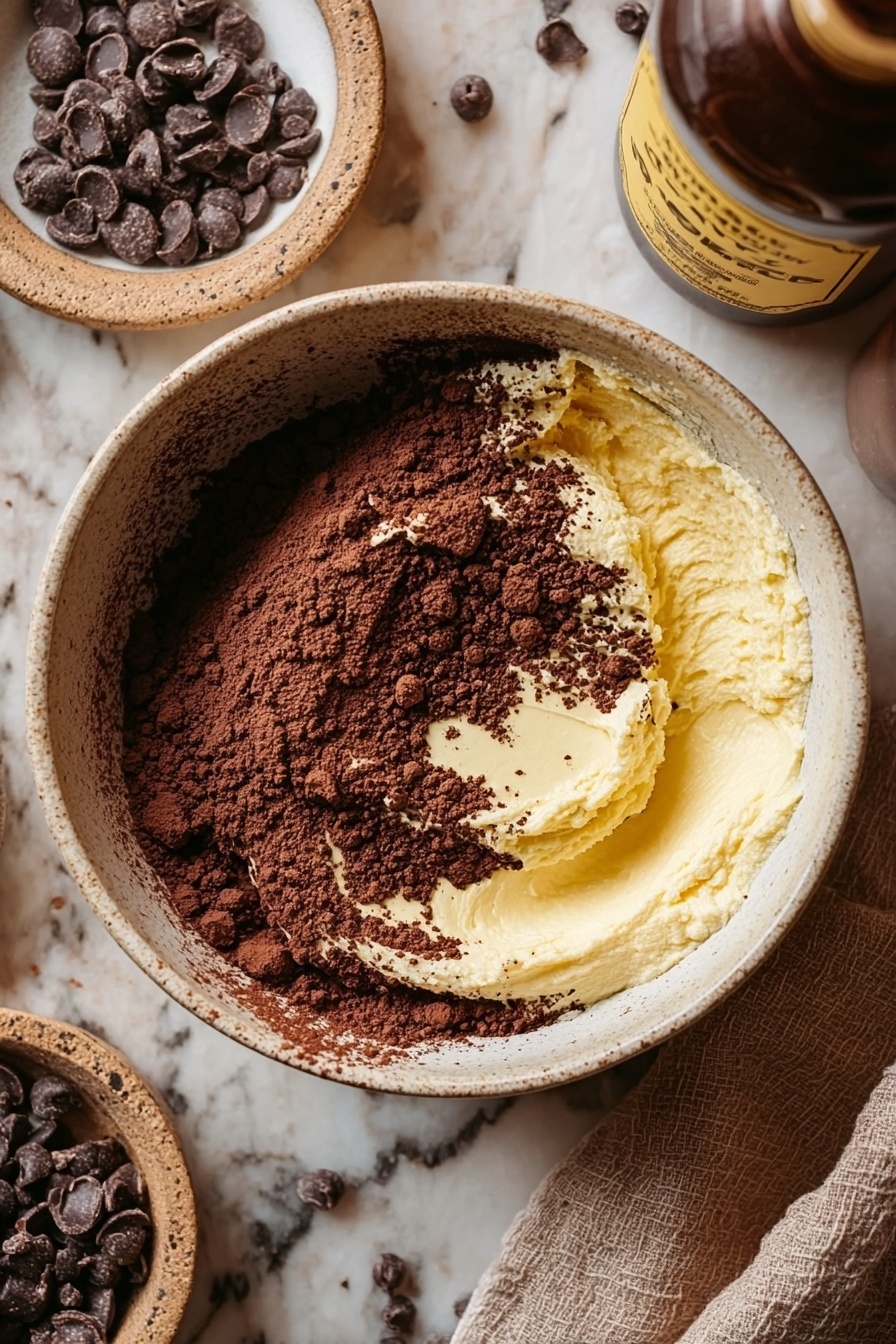In a white bowl with a rough texture, two main layers sit side by side: a light creamy yellow layer with a smooth and soft look, and a rich dark brown layer of powder with a fine, crumbly texture. The bowl shows some light smudges of the dark powder on the inside sides. Around the bowl, there are small dishes with more dark chocolate chips and cocoa powder sitting on a white marbled surface, along with a brown bottle and a cloth towel on the right side. The scene is cozy and warm. photo taken with an iphone --ar 2:3 --v 7