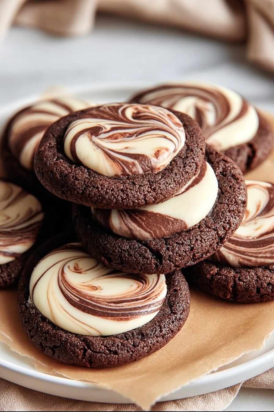 The image shows six round chocolate cookies stacked close together on a white plate lined with light brown parchment paper. Each cookie has two layers: the bottom layer is a dark brown, slightly cracked chocolate cookie with a soft texture, and the top layer is a swirled mixture of smooth white and dark brown cream arranged in a spiral pattern, creating a marbled effect. The cookies are arranged in a casual pile, partially overlapping each other, with the focus on the front cookie. The background is a soft white marbled texture, and a beige fabric is slightly visible around the plate. Photo taken with an iphone --ar 2:3 --v 7
