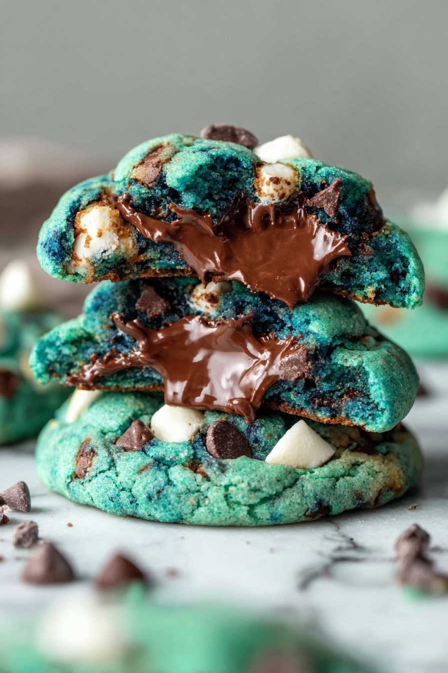 The image shows several thick, round cookies with a bright turquoise blue base. Each cookie is embedded on top with different mix-ins including white and dark chocolate chips, small pieces of chocolate sandwich cookies, and candy eyes that add a playful touch. The cookies have a soft, puffy texture with a slightly bumpy surface from the toppings. They are placed on a white marbled texture, with some loose chocolate chips scattered around, giving a casual and inviting look. The colors are rich, especially the contrast between the blue cookie and the brown and white toppings. Photo taken with an iphone --ar 2:3 --v 7