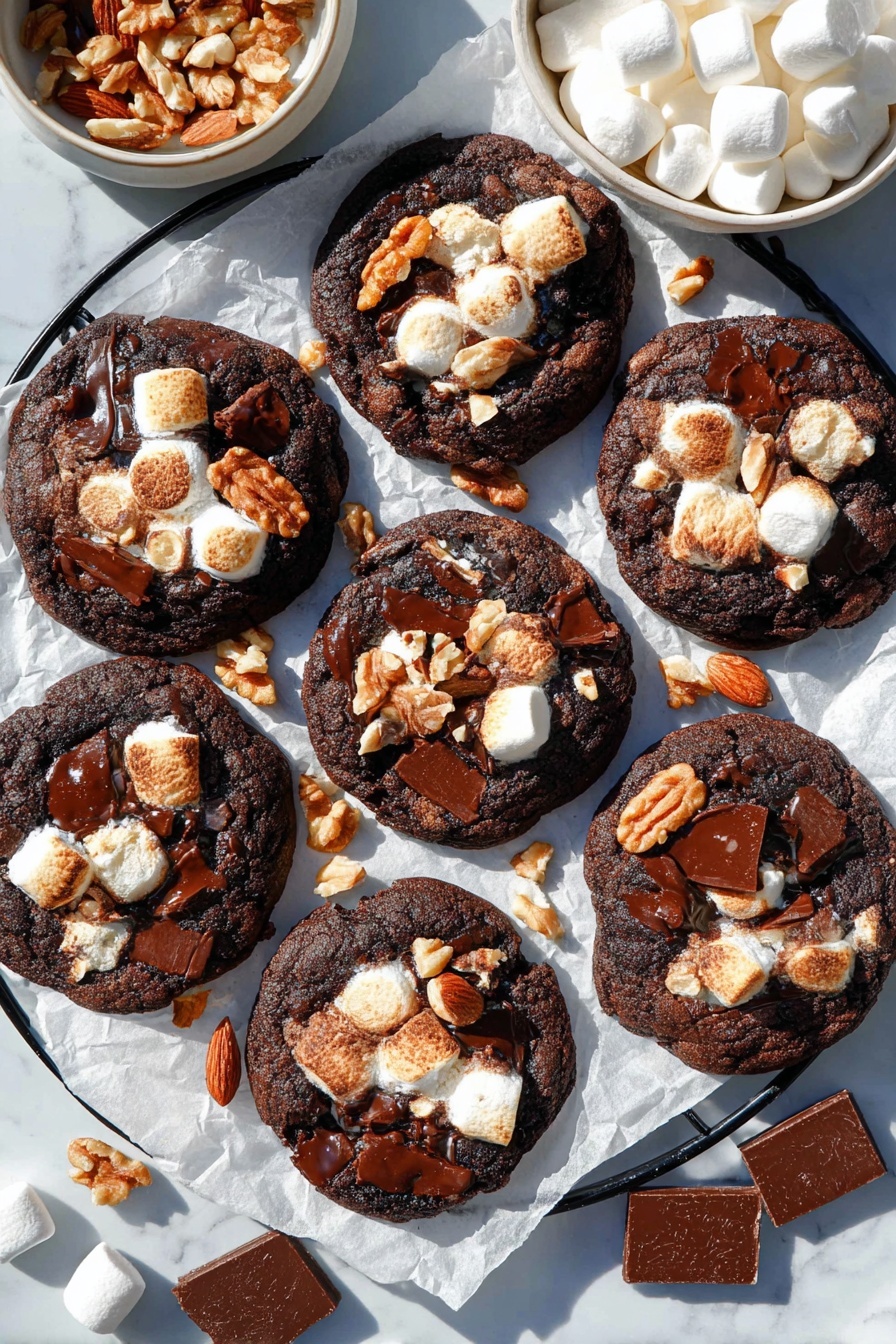 The image shows eight round dark chocolate cookies on white parchment paper over a black wire rack, set on a white marbled surface. Each cookie has a rich, deep brown base with melted dark chocolate chunks and toasted marshmallows partially melted on top, creating creamy white and golden brown spots. Scattered whole almonds and walnut pieces sit on each cookie, adding a reddish-brown and light brown contrast. Around the cookies, there are small white mini marshmallows and dark chocolate squares placed casually. In the top left corner, a small white bowl filled with almonds is visible. The scene is brightly lit with clear, natural light, creating shadows and highlights that give texture to the soft marshmallows and melty chocolate. The overall look is warm, inviting, and rustic photo taken with an iphone --ar 2:3 --v 7