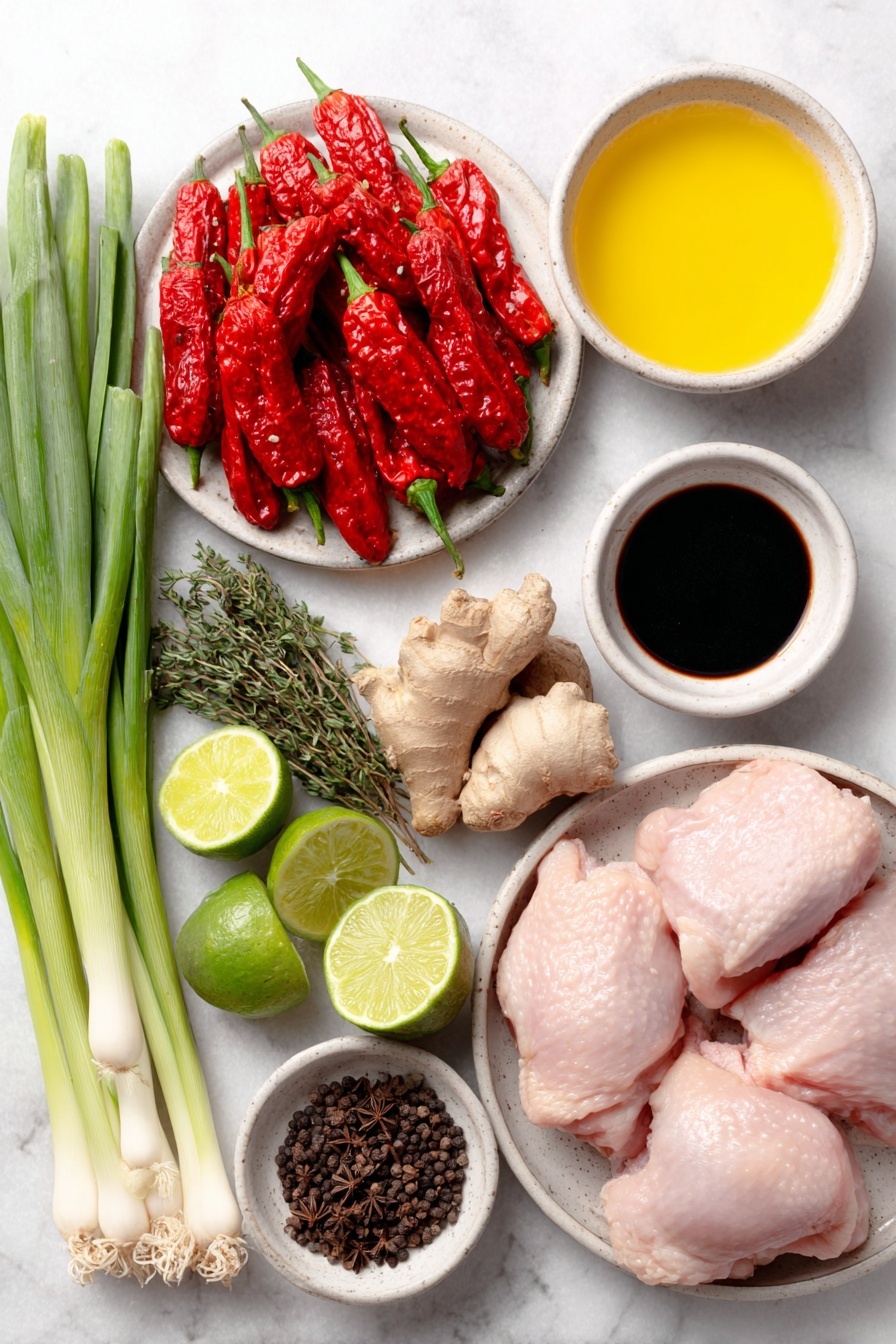Flat lay of four fresh red Scotch bonnet peppers, one bunch of bright green scallions with white bases, a cluster of twelve garlic cloves with papery skins, a small piece of knobby fresh ginger root, a mound of dark brown sugar, a small white bowl of golden pineapple juice, two halved limes showing juicy pulp, a handful of green thyme sprigs, a few shiny whole allspice berries, three dried bay leaves, a small heap of ground nutmeg powder, coarse kosher salt crystals, whole black peppercorns, ground cloves powder, a small white bowl with dark soy sauce, a few lime wedges with vibrant green rind, and four raw chicken thighs and breasts with skin on, all arranged symmetrically on simple white ceramic plates and bowls placed on a clean white marble surface, soft natural light, photo taken with an iPhone, professional food photography style, fresh ingredients, white ceramic bowls, no bottles, no duplicates, no utensils, no packaging --ar 2:3 --v 7 --p m7354615311229779997