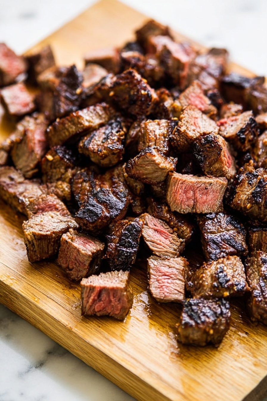 The image shows a wooden board filled with small chunks of cooked steak. The steak pieces have a browned, slightly charred exterior with a soft pink center, showing they are cooked medium. The pieces are uneven in size but closely packed together, giving a textured look with dark grill marks and juicy cut surfaces. The wooden board has a light brown color with visible grain, placed on a white marbled surface in bright natural light. photo taken with an iphone --ar 2:3 --v 7