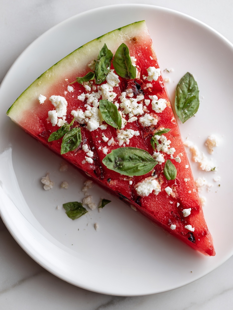A white plate with a single thick slice of red watermelon with green rind on one side, topped with small crumbles of white cheese and scattered bright green basil leaves, placed on a white marbled surface. The watermelon slice’s red flesh shows a wet, juicy texture while the cheese adds a crumbly contrast, and the basil leaves bring fresh green accents around and on top of the slice. Photo taken with an iphone --ar 2:3 --v 7