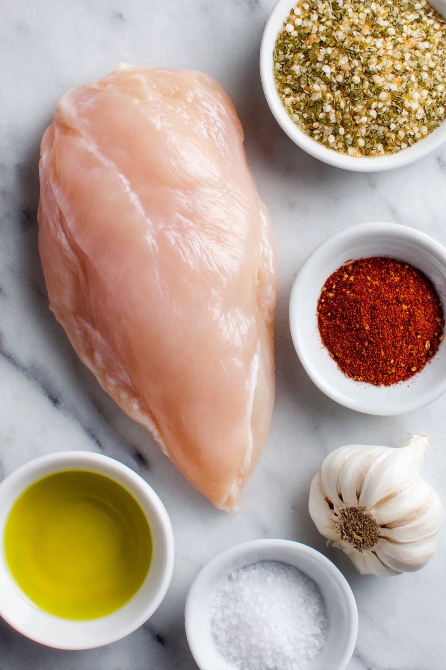 Flat lay of a fresh raw chicken breast, a small white ceramic bowl with golden honey, a small white ceramic bowl of grainy dijon mustard, a small white ceramic bowl filled with shiny olive oil, a single whole garlic bulb and a peeled garlic clove, a tiny white ceramic bowl containing bright red cayenne pepper powder, and a small white ceramic bowl with coarse salt and freshly ground black pepper placed on a clean white marble surface, soft natural light, photo taken with an iPhone, professional food photography style, fresh ingredients, white ceramic bowls, no bottles, no duplicates, no utensils, no packaging --ar 2:3 --v 7 --p m7354615311229779997