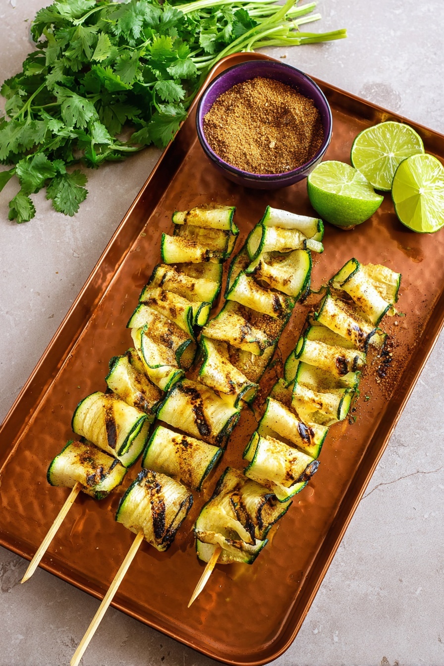 There are four wooden skewers laid out on a rectangular copper tray, each skewer holding thin, folded slices of grilled zucchini that show light brown grill marks with green edges. In the top left corner of the tray, there is a small purple bowl filled with a brown spice mix. In the upper center of the tray, three lime wedges are placed together, bright green and fresh. To the right side of the tray, a bunch of fresh green cilantro rests on the white marbled surface. The overall look is colorful and fresh, with the warm tones of the zucchini and tray contrasting with the bright lime and herb green. Photo taken with an iphone --ar 2:3 --v 7