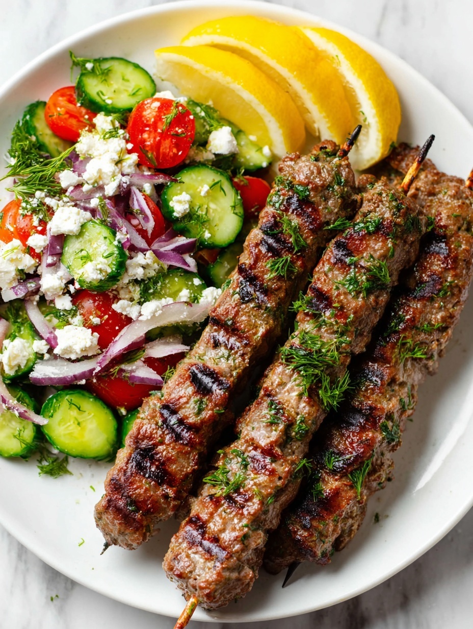 Four grilled meat skewers with grill marks and green herbs on top rest on the right side of a white plate. On the left side of the plate, there is a fresh salad made of sliced green cucumber, halved red cherry tomatoes, small pieces of white cheese, and bits of red onion sprinkled with herbs. Two lemon wedges with bright yellow skin are placed at the top right corner of the plate. The plate sits on a white marbled surface. photo taken with an iphone --ar 2:3 --v 7