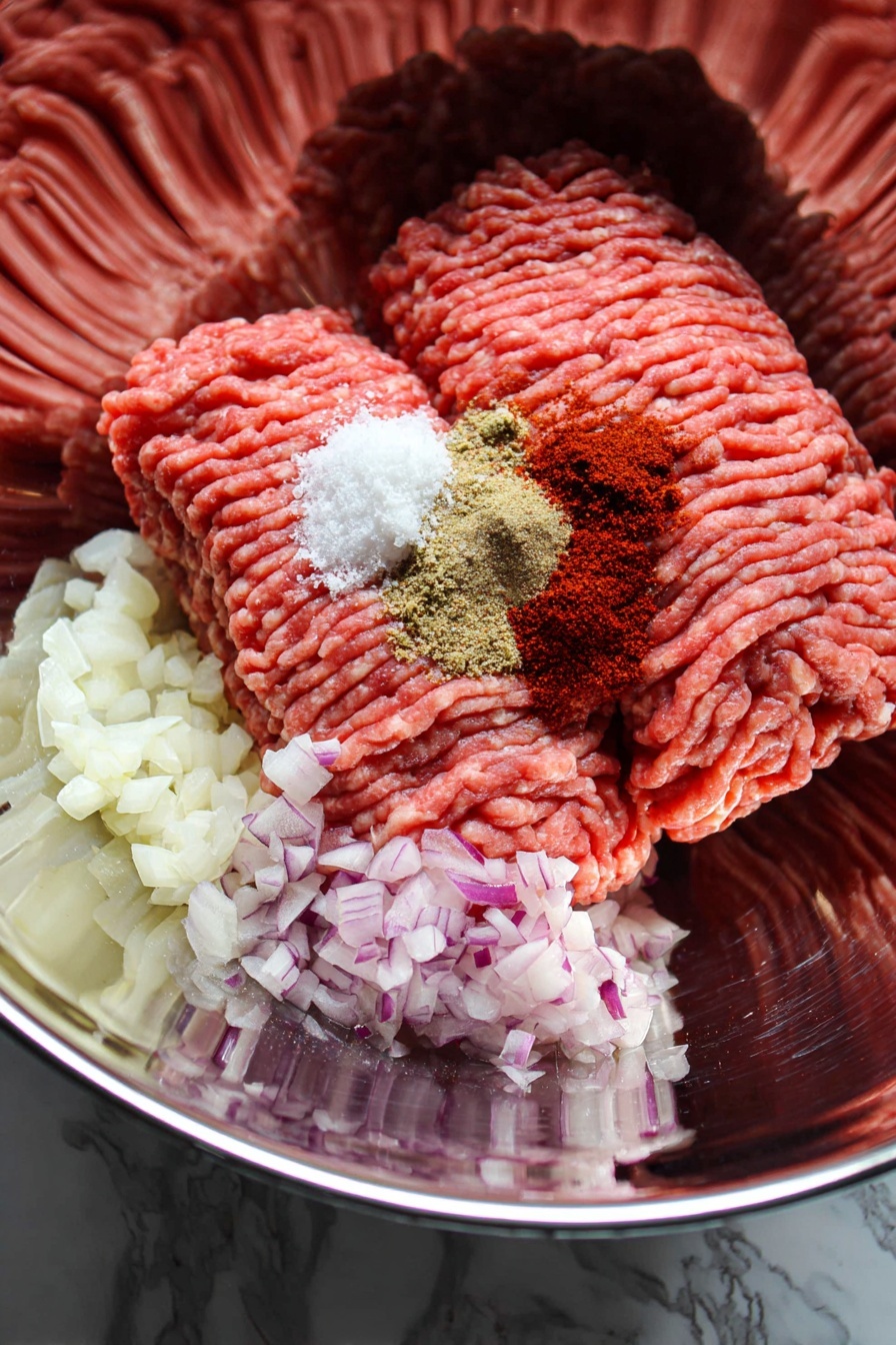 Inside a shiny metal bowl, there are two large blocks of raw ground meat that are light red with a soft, stringy texture. On top of the meat, there is a small pile of white salt to the left, a dark red spice powder next to it, and a small heap of light brown spice powder above the red one. To the right side, finely chopped white and purple onions sit on top of the meat, and at the bottom corner, there is a small pile of finely chopped white garlic. The bowl reflects light and some shadows, and the background is a white marbled texture. photo taken with an iphone --ar 2:3 --v 7