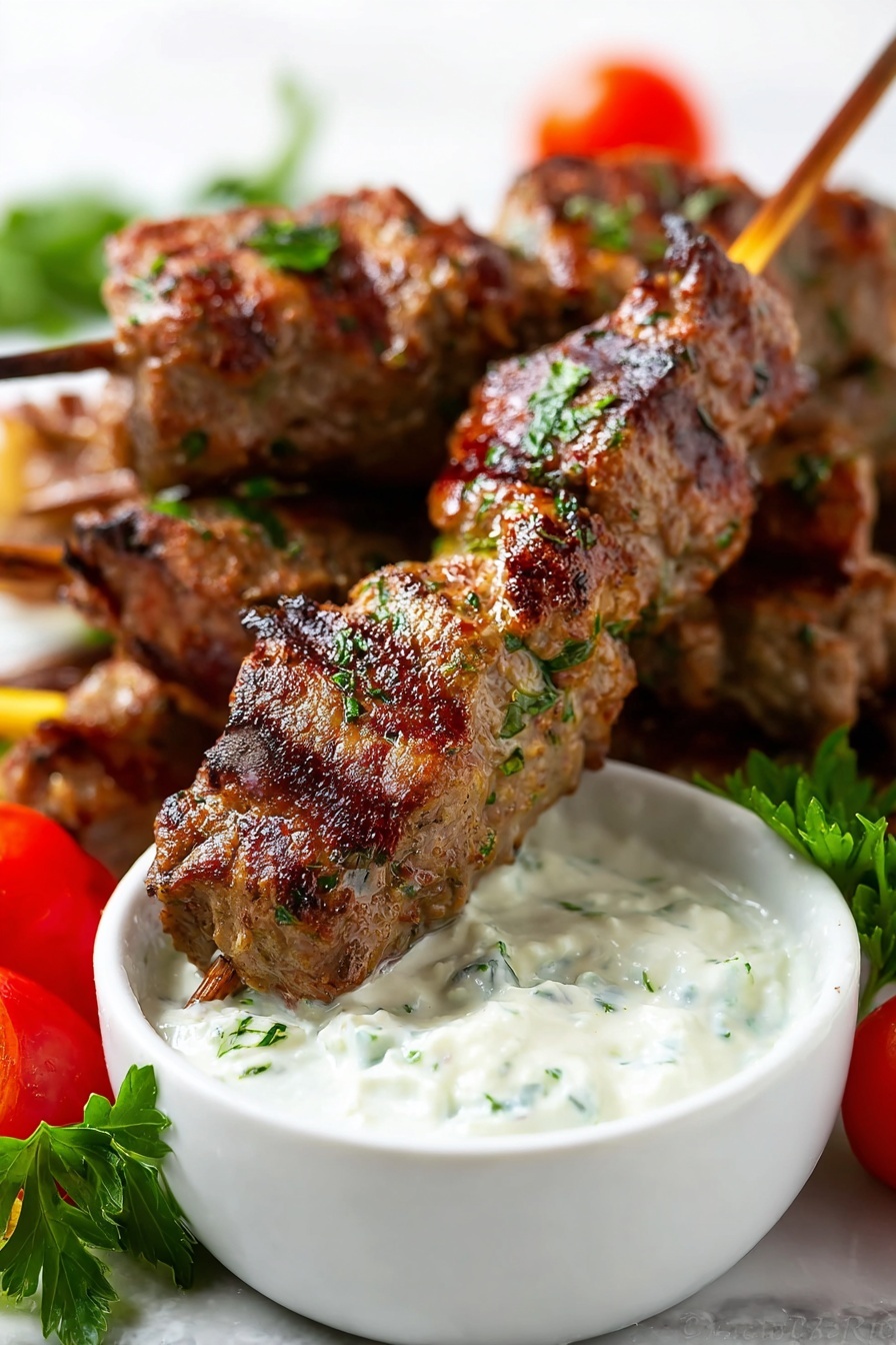The image shows several grilled meat skewers with a golden-brown and slightly charred texture, sprinkled with green herbs. One skewer rests on the edge of a small white bowl filled with creamy white sauce that has small green herbs mixed inside. In the background, more skewers are stacked with a soft focus, and some bright red cherry tomatoes and fresh green parsley are placed around. The whole setting is on a white marbled surface. photo taken with an iphone --ar 2:3 --v 7