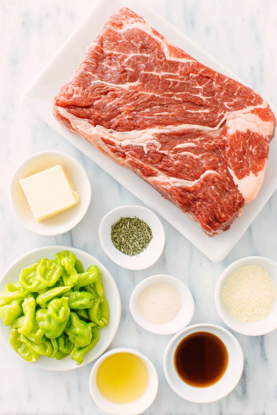 Flat lay of a whole raw beef chuck roast with a rich red color and marbling, a small pat of softened golden butter on a simple white ceramic plate, a small white bowl containing a light tan garlic powder, a small white bowl with pale off-white onion powder, a small white bowl holding fine white salt crystals, a small white bowl with finely crushed dried green parsley flakes, a small white bowl filled with delicate dried dill strands, a small white bowl of dark brown beef broth, a small white bowl with glossy dark amber coconut aminos, a small white bowl holding clear yellowish peperoncini juice, and a neat cluster of twelve fresh green whole peperoncini peppers arranged beautifully on a simple white ceramic dish, all placed on a clean white marble surface, soft natural light, photo taken with an iPhone, professional food photography style, fresh ingredients, white ceramic bowls, no bottles, no duplicates, no utensils, no packaging --ar 2:3 --v 7 --p m7354615311229779997