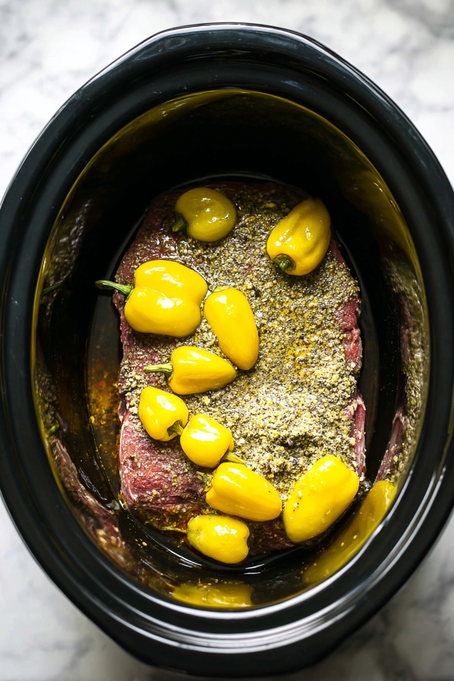 This close-up image shows a pile of shredded dark brown meat sitting in a shallow pool of shiny, greasy broth. The meat strands have a fibrous, tender texture and are being pulled apart by two metal forks, one on each side. Scattered around the meat are several small, wrinkled yellow peppers that add a soft, glossy contrast to the rich colors of the meat and liquid. The scene is set on a white marbled surface that reflects some of the light and adds a clean, bright background. photo taken with an iphone --ar 2:3 --v 7