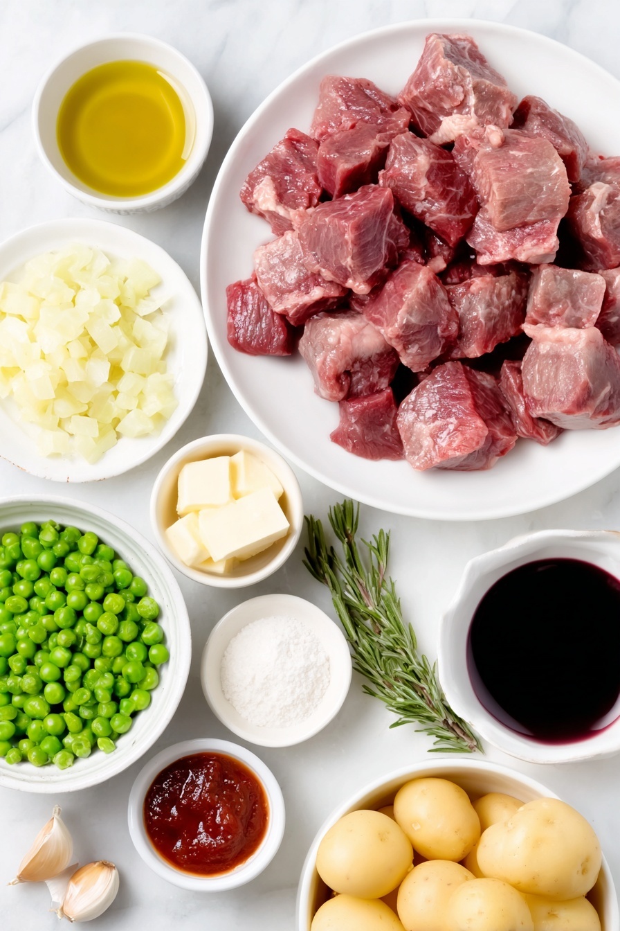 Flat lay of fresh raw beef stew meat cubes, a small mound of pale beige flour on a white ceramic plate, a small white bowl with golden olive oil, a few sticks of cold butter, diced yellow onions on a simple white ceramic dish, peeled whole garlic cloves, a small white bowl filled with deep red cabernet sauvignon wine, a white ceramic bowl holding rich brown beef broth, two brown beef bouillon cubes, a small white bowl with dark Worcestershire sauce, a dollop of bright red tomato paste on a white plate, fresh orange carrot chunks, halved baby Yukon gold potatoes with smooth skins, two dried bay leaves, a fresh green rosemary sprig, a small white bowl of vibrant green frozen peas, a small white bowl with clear cold water beside a small bowl of white cornstarch powder — all ingredients arranged with perfect symmetry and realistic proportions, placed on a clean white marble surface, soft natural light, photo taken with an iPhone, professional food photography style, fresh ingredients, white ceramic bowls, no bottles, no duplicates, no utensils, no packaging --ar 2:3 --v 7 --p m7354615311229779997