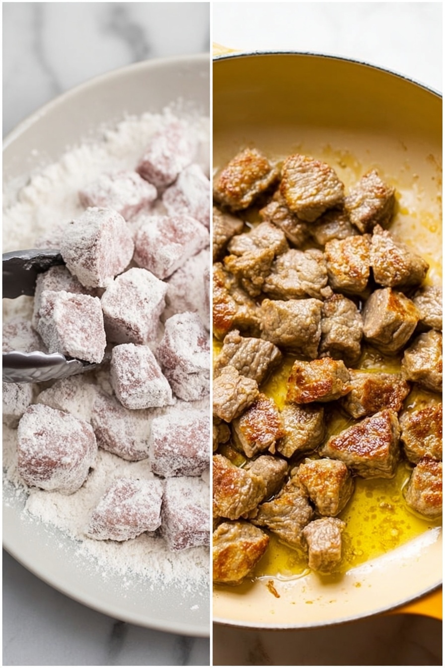 The image shows two side-by-side photos of beef cubes at different cooking stages. On the left, raw beef cubes are covered in pale white flour, piled in a white dish with a white marbled background, with a pair of silver tongs holding one cube. On the right, golden-brown cooked beef cubes are frying in a light yellow pan with some oil, showing crispy edges and a warm, cooked texture, with the white marbled surface visible around the pan edges. Photo taken with an iphone --ar 2:3 --v 7