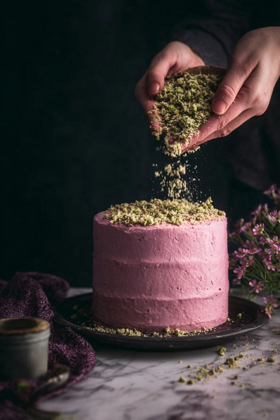 A tall, round cake with smooth pink frosting covers three visible layers. It sits on a dark plate that rests on a white marbled surface. A woman's hands are pouring a crumbly green topping over one side of the cake, letting the crumbs fall and pile up at the base. The background is dark, and there is a blurry plant visible on the right side. photo taken with an iphone --ar 2:3 --v 7