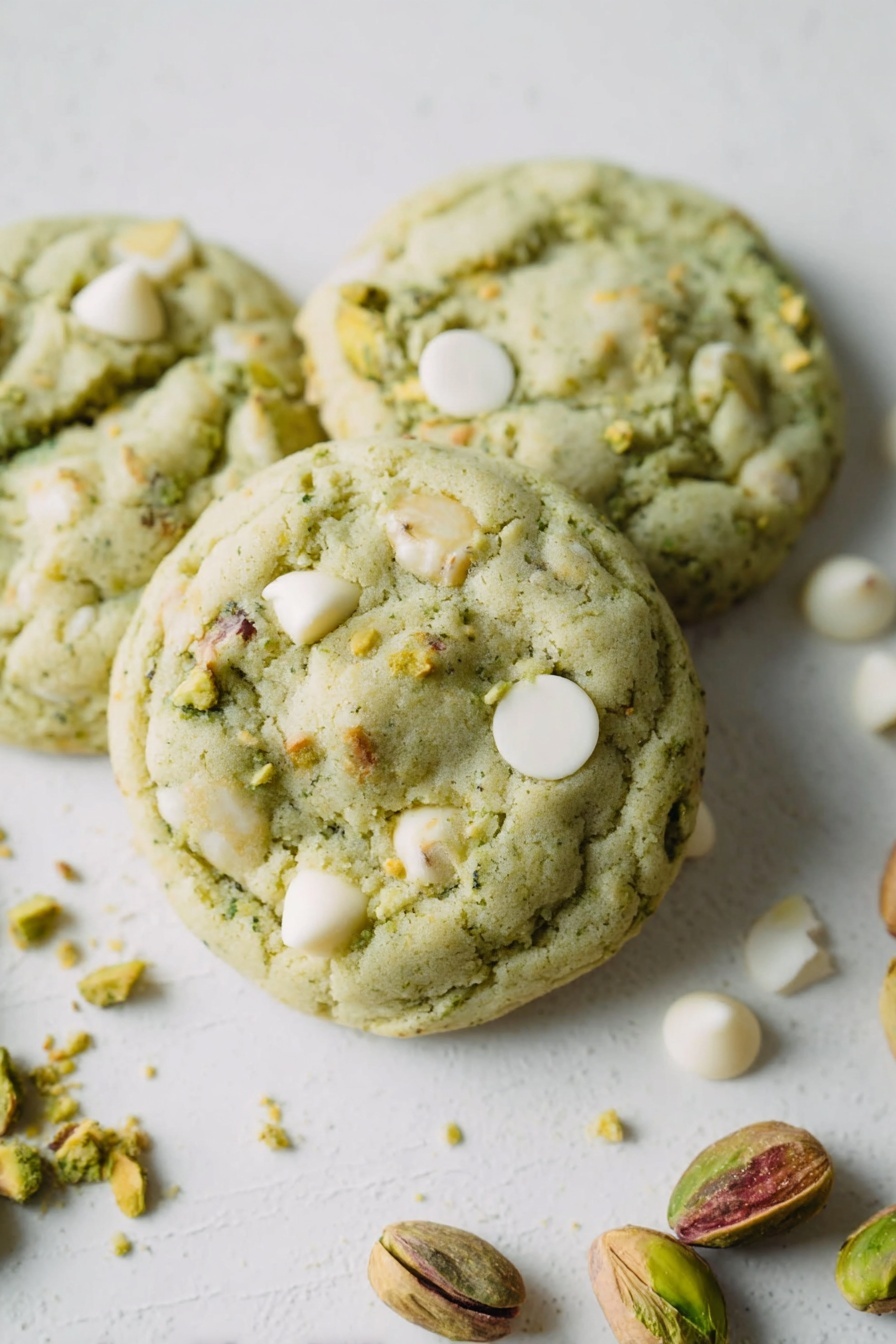 A stack of four green cookies with white chocolate chips and chopped nuts is placed directly on a white marbled surface. Each cookie has a rough texture, showing pieces of nuts and creamy white chocolate chips embedded throughout. The green color is soft and pastel-like, and the cookies appear thick and soft. Around the cookies on the surface, there are scattered white chocolate chips and a few dark green and brown nuts. Photo taken with an iphone --ar 2:3 --v 7