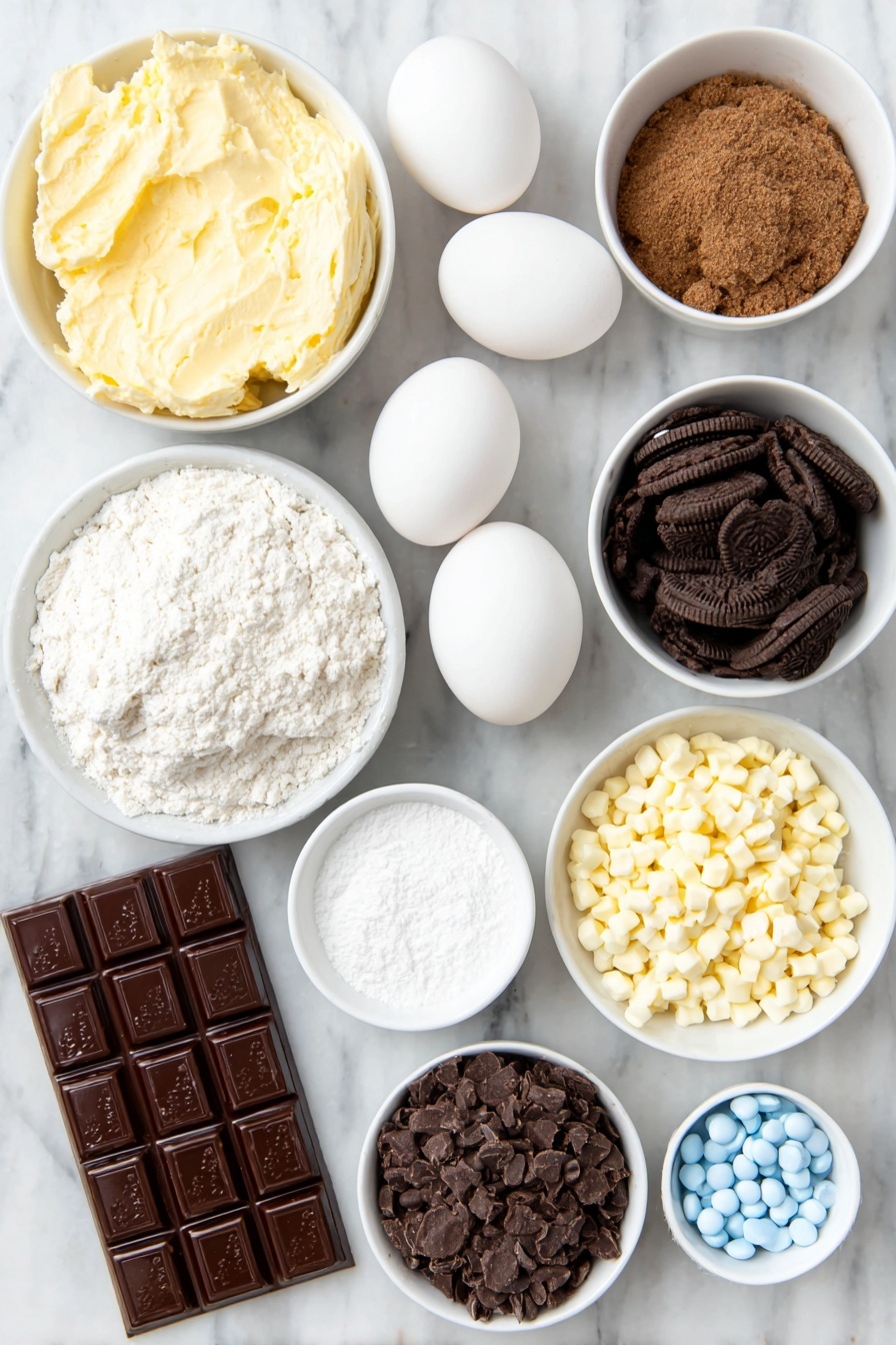 Flat lay of a small white ceramic bowl of softened butter, a small white ceramic bowl of packed brown sugar, a small white ceramic bowl of granulated sugar, two large whole eggs with clean shells, a small white ceramic bowl of blue gel food coloring, a small white ceramic bowl of bread flour, a small white ceramic bowl of baking powder, a small white ceramic bowl of baking soda, a small white ceramic bowl of salt, a small white ceramic bowl of crushed chocolate sandwich cookies, a small white ceramic bowl of white chocolate chips, a small white ceramic bowl of milk chocolate chips, a milk chocolate bar broken into squares, twelve whole chocolate sandwich cookies stacked neatly, a small white ceramic bowl of crushed cookies for topping, and a few candy eyeballs scattered artfully — all ingredients look fresh and natural on a simple white ceramic surface, arranged in perfect symmetry with balanced proportions, photo taken with natural soft light, placed on a clean white marble surface, soft natural light, photo taken with an iPhone, professional food photography style, fresh ingredients, white ceramic bowls, no bottles, no duplicates, no utensils, no packaging --ar 2:3 --v 7 --p m7354615311229779997