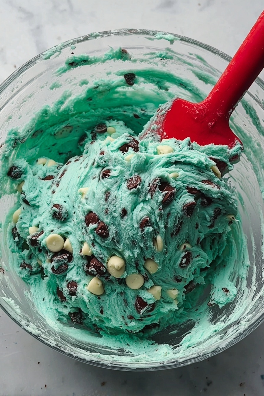 In a clear glass bowl on a white marbled surface, there is a thick, teal-colored cookie dough mixed with white and dark brown chocolate chips scattered evenly throughout the dough. A red spatula with a black handle is partially dipped into the dough, showing the texture which is soft and slightly sticky with visible swirls. The bowl has some dough smeared on its inside edges, showing the creamy consistency. The scene is lit softly, highlighting the bright teal color and glossy chips photo taken with an iphone --ar 2:3 --v 7