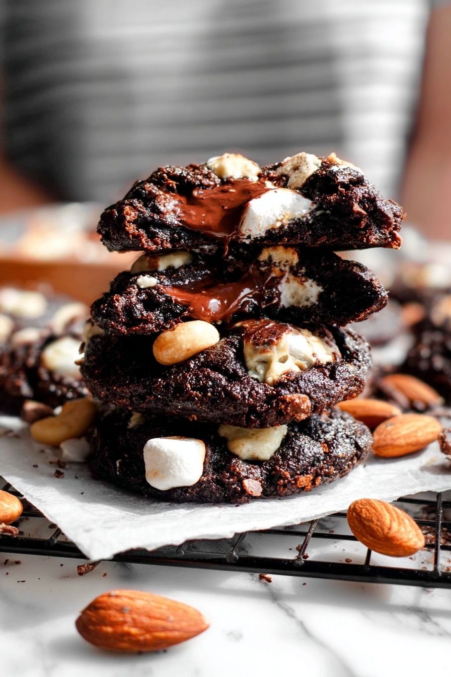 A stack of three dark chocolate cookies is placed on a white parchment paper on top of a black cooling rack, each cookie filled and topped with melted chocolate, white marshmallow pieces, and whole almonds and cashews. The cookies have a rich, slightly crumbly texture with visible melted chocolate oozing from the layers. Around the stack, there are extra whole almonds scattered on the parchment paper, adding a natural, rustic touch. The background shows a white marbled surface with a blurred person wearing a gray striped shirt. Photo taken with an iphone --ar 2:3 --v 7