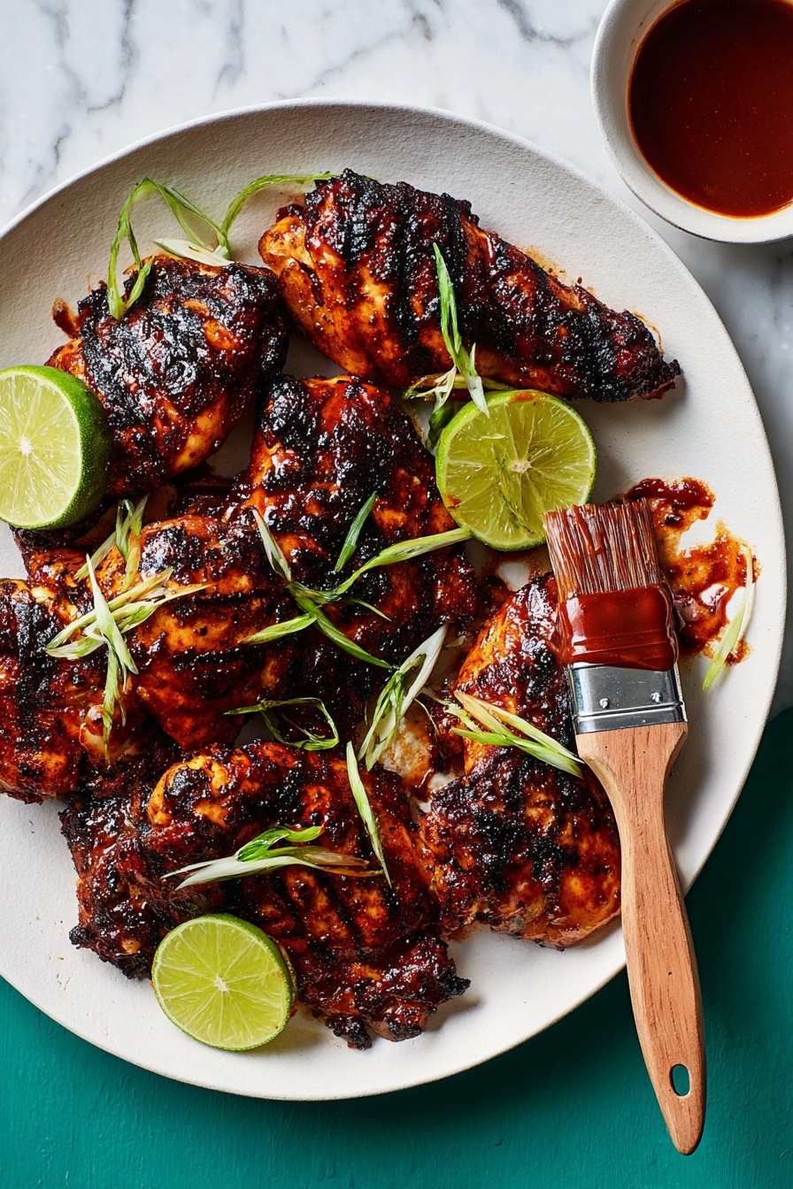 A white plate holds seven grilled chicken pieces with dark char marks and a reddish-brown glaze. Bright green lime wedges are placed among the chicken, adding a fresh touch. Thinly sliced green onions are scattered over the chicken, adding color contrast. On the right side of the plate, a wooden brush coated with dark reddish sauce is touching one piece of chicken. To the plate's right, a small white cup holds extra reddish sauce. The background is a white marbled surface. Photo taken with an iphone --ar 2:3 --v 7