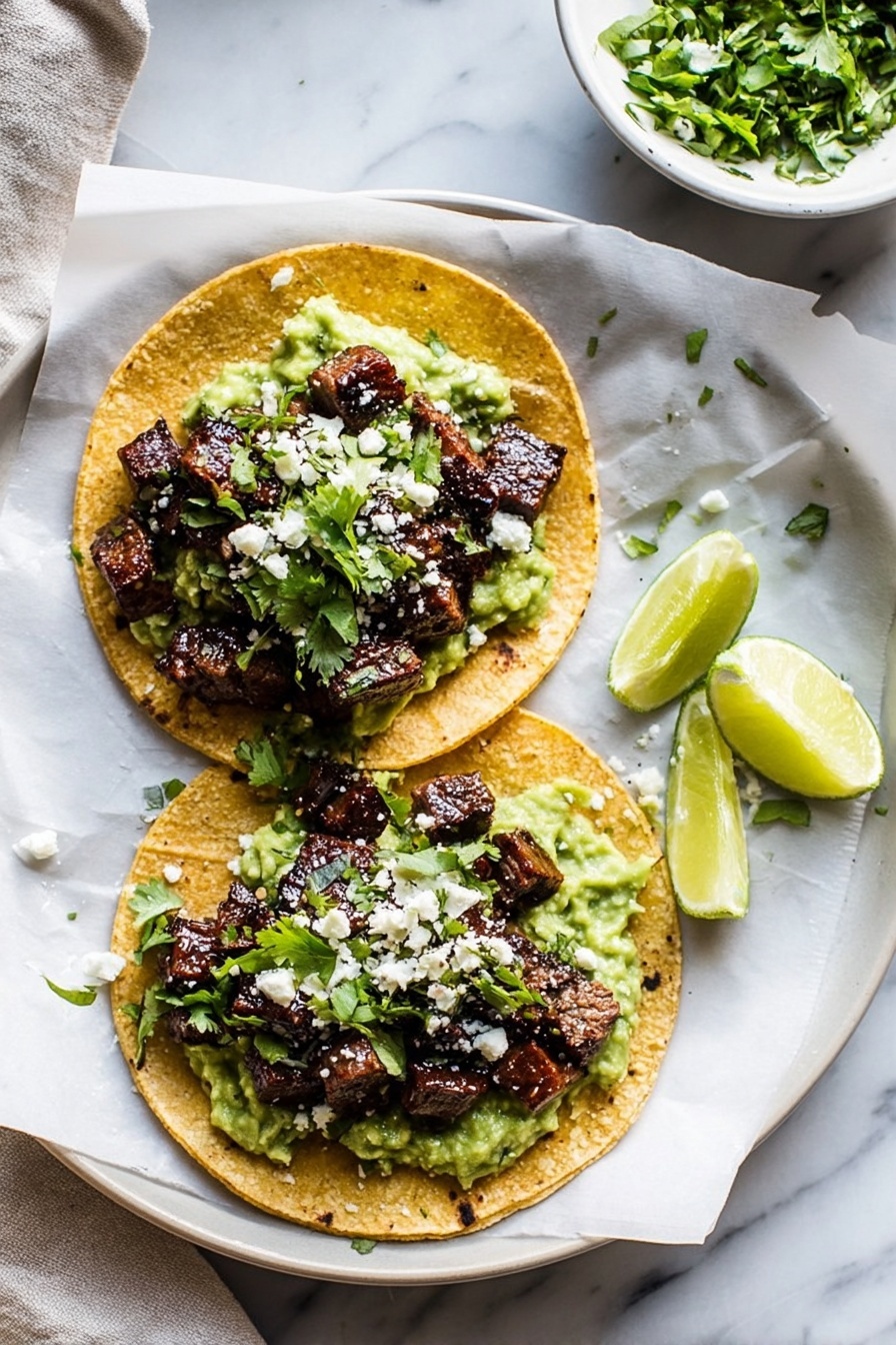 Two corn tortillas are placed on wax paper on a white plate with a white marbled background. Each tortilla has a first layer of chunky green guacamole spread evenly, followed by a layer of small cubed dark brown grilled meat bits, sprinkled with small white cheese crumbles and tiny pieces of white onion and green cilantro on top. On the right side of the plate, there are two lime wedges with light green and yellow colors. Above the plate, a white bowl filled with chopped green cilantro is partly visible. The whole scene has soft natural light. photo taken with an iphone --ar 2:3 --v 7