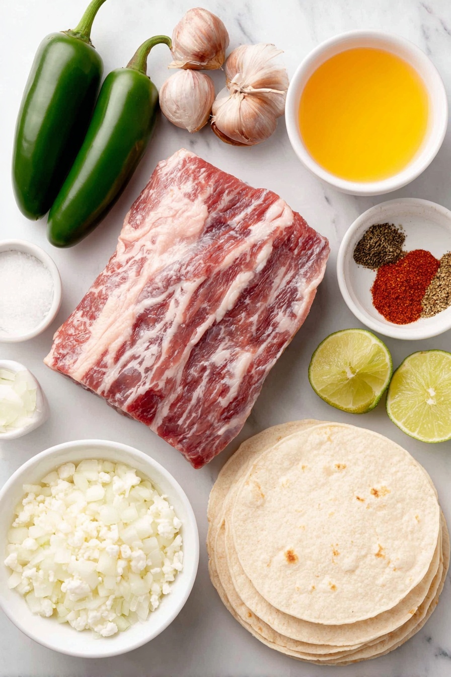 Flat lay of a fresh green jalapeño pepper, four whole uncracked brown garlic cloves, a small bunch of vibrant green cilantro sprigs, a small white ceramic bowl filled with golden olive oil, a small white ceramic bowl holding bright orange juice, a small white ceramic bowl containing pale yellow lime juice, a small white ceramic bowl with clear white wine vinegar, small piles of red chili powder, kosher salt, ground cumin, dried oregano, ancho chili powder, and freshly ground black pepper each displayed separately on the white surface, one large piece of raw flank steak with minimal fat, a neat stack of soft yellow corn tortillas, half a medium white onion finely diced and arranged in a clean pile, a small white ceramic bowl filled with crumbly white cotija cheese, and lime wedges with bright green rinds and juicy interiors, all placed on a clean white marble surface, soft natural light, photo taken with an iPhone, professional food photography style, fresh ingredients, white ceramic bowls, no bottles, no duplicates, no utensils, no packaging --ar 2:3 --v 7 --p m7354615311229779997