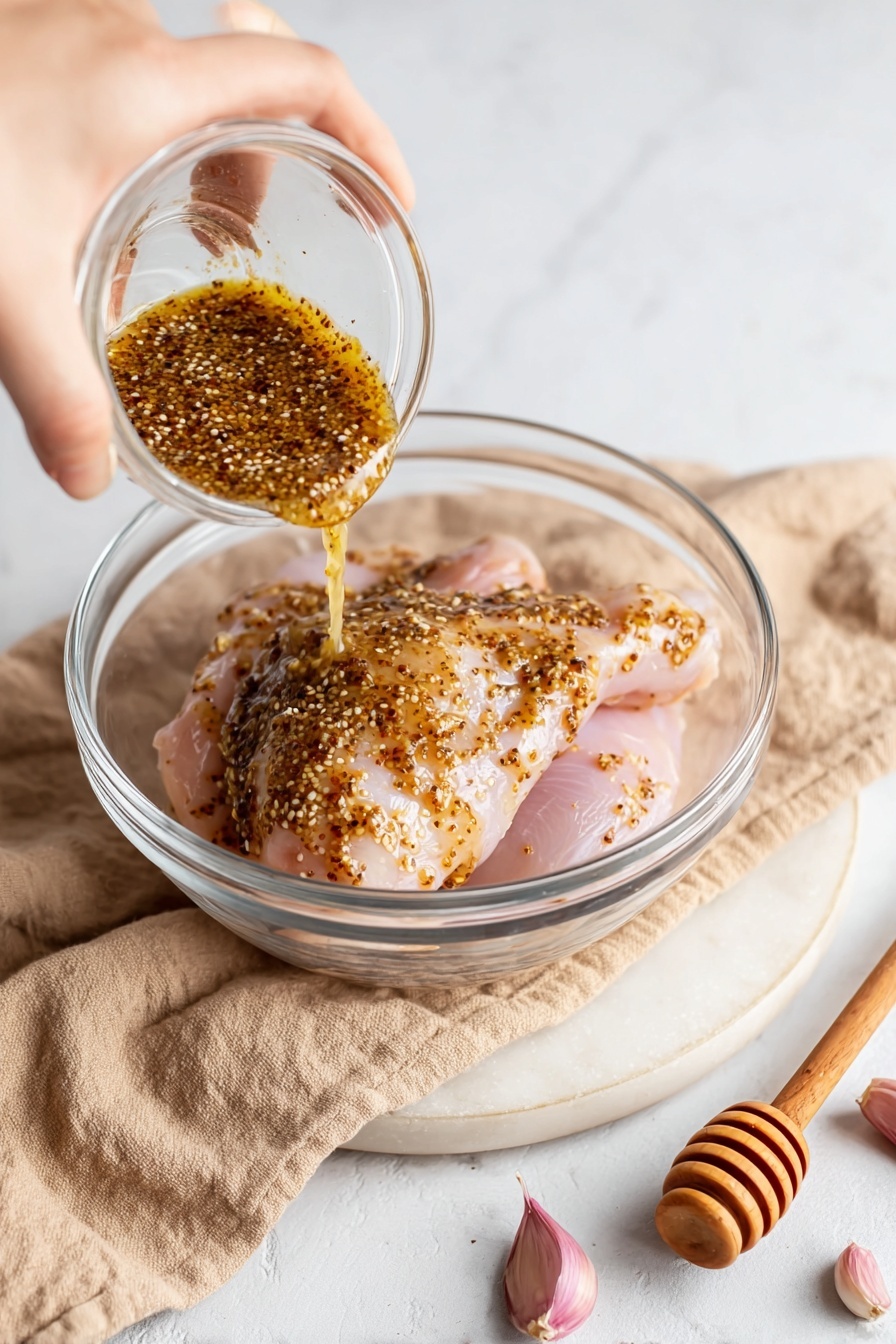 A clear glass bowl sits on a beige cloth over a white marbled surface, holding two raw light pink chicken pieces. A woman's hand is pouring a thick mustard sauce with visible mustard seeds over the chicken, covering it unevenly with textured brown and yellow specks. To the right of the bowl, a wooden honey dipper with golden honey rests on the white marbled surface, along with some garlic cloves that have a pinkish-white skin. photo taken with an iphone --ar 2:3 --v 7