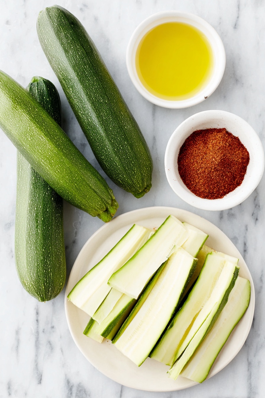 Flat lay of two fresh whole zucchinis, several thin zucchini slices arranged in a simple white ceramic plate, a small white bowl filled with vibrant red tajín seasoning powder, a small white bowl containing golden olive oil, placed on a clean white marble surface, soft natural light, photo taken with an iPhone, professional food photography style, fresh ingredients, white ceramic bowls, no bottles, no duplicates, no utensils, no packaging --ar 2:3 --v 7 --p m7354615311229779997