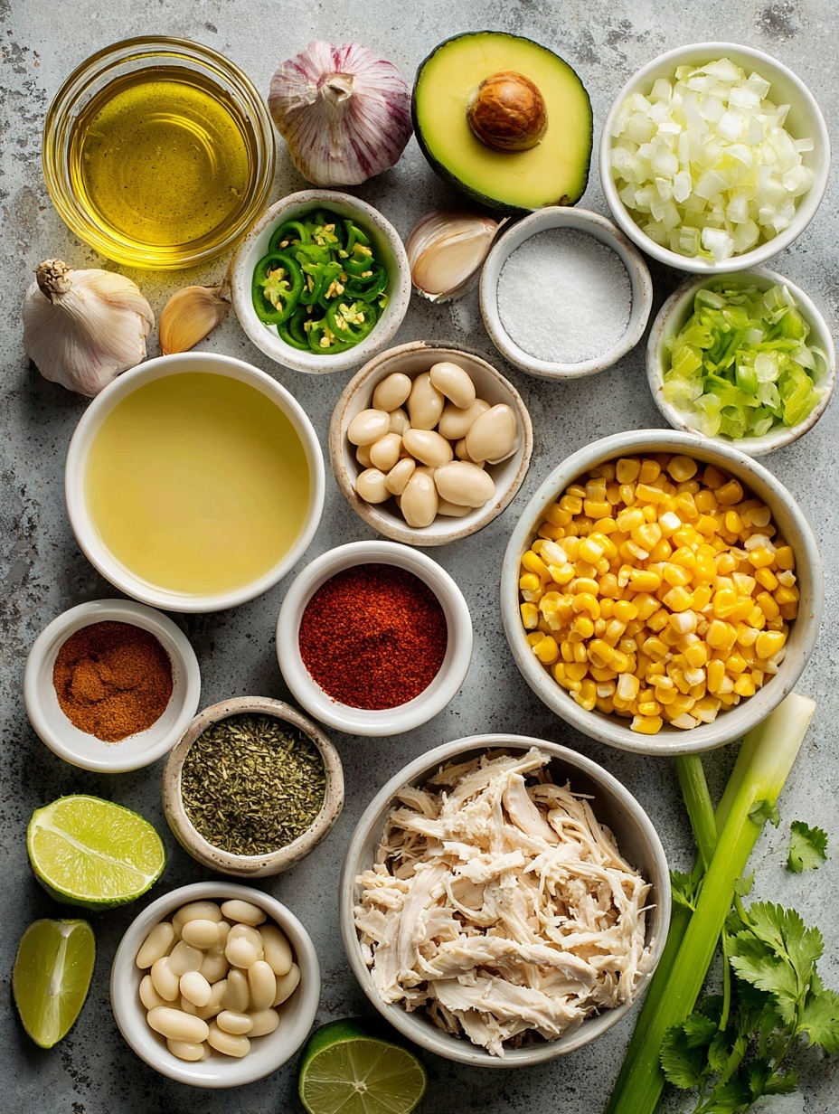 Flat lay of a small glass bowl of golden olive oil, a small white ceramic bowl with finely chopped pale yellow onion, two whole uncracked brown garlic cloves, a small white ceramic bowl filled with smooth light golden chicken broth, a small white ceramic bowl with diced bright green chilies, a small white ceramic bowl holding warm brown ground cumin, a tiny white ceramic bowl with vibrant red cayenne pepper powder, a small white ceramic bowl containing dried green oregano flakes, a small white ceramic bowl with deep red paprika powder, a halved fresh lime with bright green rind and juicy interior, a small white ceramic bowl of coarse white salt, a small white ceramic bowl of freshly ground black pepper, a small white ceramic bowl filled with plump creamy white great northern beans, a small white ceramic bowl with thick smooth sour cream, a small white ceramic bowl of bright yellow corn kernels, a pile of shredded moist cooked chicken breast, a small bunch of fresh green cilantro sprigs, a small white ceramic bowl with shredded pale orange cheese, a small stack of pale yellow tortilla chips, a few fresh green onions with white bulbs and green stalks, and sliced fresh avocado with pale green flesh and dark skin all arranged with perfect symmetry and realistic proportions placed on a clean white marble surface, soft natural light, photo taken with an iPhone, professional food photography style, fresh ingredients, white ceramic bowls, no bottles, no duplicates, no utensils, no packaging --ar 2:3 --v 7 --p m7354615311229779997