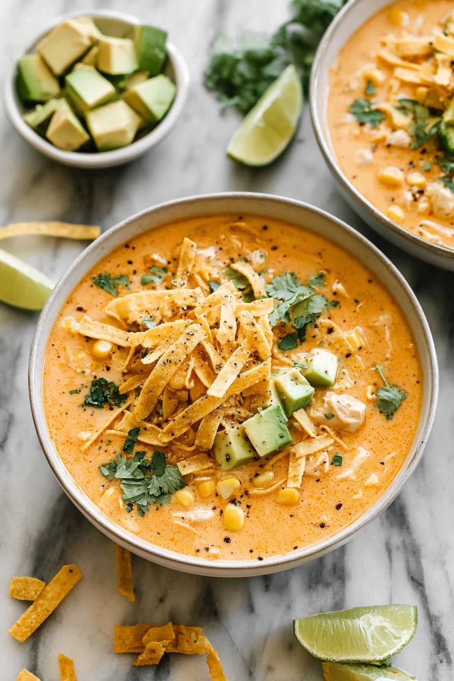 The image shows a white bowl filled with creamy, orange-colored soup made with small chunks of white ingredients, possibly chicken or beans, and corn kernels. On top, there is a layer of thin, golden yellow tortilla strips scattered mostly in the center, along with small green avocado cubes and fresh green cilantro leaves, all sprinkled with black pepper. Around the bowl, there are additional avocado cubes in a small white bowl, some lime halves, and more tortilla strips scattered on a white marbled surface. The photo taken with an iphone --ar 2:3 --v 7