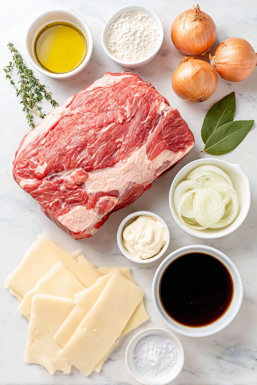 Flat lay of a boneless beef chuck roast with a natural marbled texture, a small white ceramic bowl of extra-virgin olive oil, a few grains of coarse kosher salt and freshly ground black pepper scattered beside, a small pile of all-purpose flour, a simple white bowl filled with rich beef broth, a small white bowl containing dark Worcestershire sauce, two halved and quarter-inch sliced medium yellow onions, three fresh thyme sprigs, one green bay leaf, three golden French sandwich rolls, a small white bowl of creamy mayonnaise, a small white bowl with smooth horseradish, and four slices of pale yellow provolone cheese arranged in perfect symmetry, all placed on a clean white marble surface, soft natural light, photo taken with an iPhone, professional food photography style, fresh ingredients, white ceramic bowls, no bottles, no duplicates, no utensils, no packaging --ar 2:3 --v 7 --p m7354615311229779997