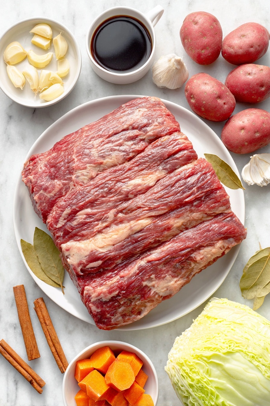 Flat lay of a large raw corned beef brisket with visible marbling and natural fat, a small white bowl filled with dark stout beer, two cinnamon sticks with warm brown bark texture, four fresh garlic cloves sliced thin with papery skins nearby, two green bay leaves, one whole dried ancho chili pepper with wrinkled dark red skin, several small red potatoes halved showing vibrant red skin and creamy white insides, three peeled large orange carrots cut into thick chunks, and wedges of a fresh small green cabbage with crisp leaves, all arranged symmetrically on a clean white ceramic plate and in small white ceramic bowls, placed on a clean white marble surface, soft natural light, photo taken with an iPhone, professional food photography style, fresh ingredients, white ceramic bowls, no bottles, no duplicates, no utensils, no packaging --ar 2:3 --v 7 --p m7354615311229779997